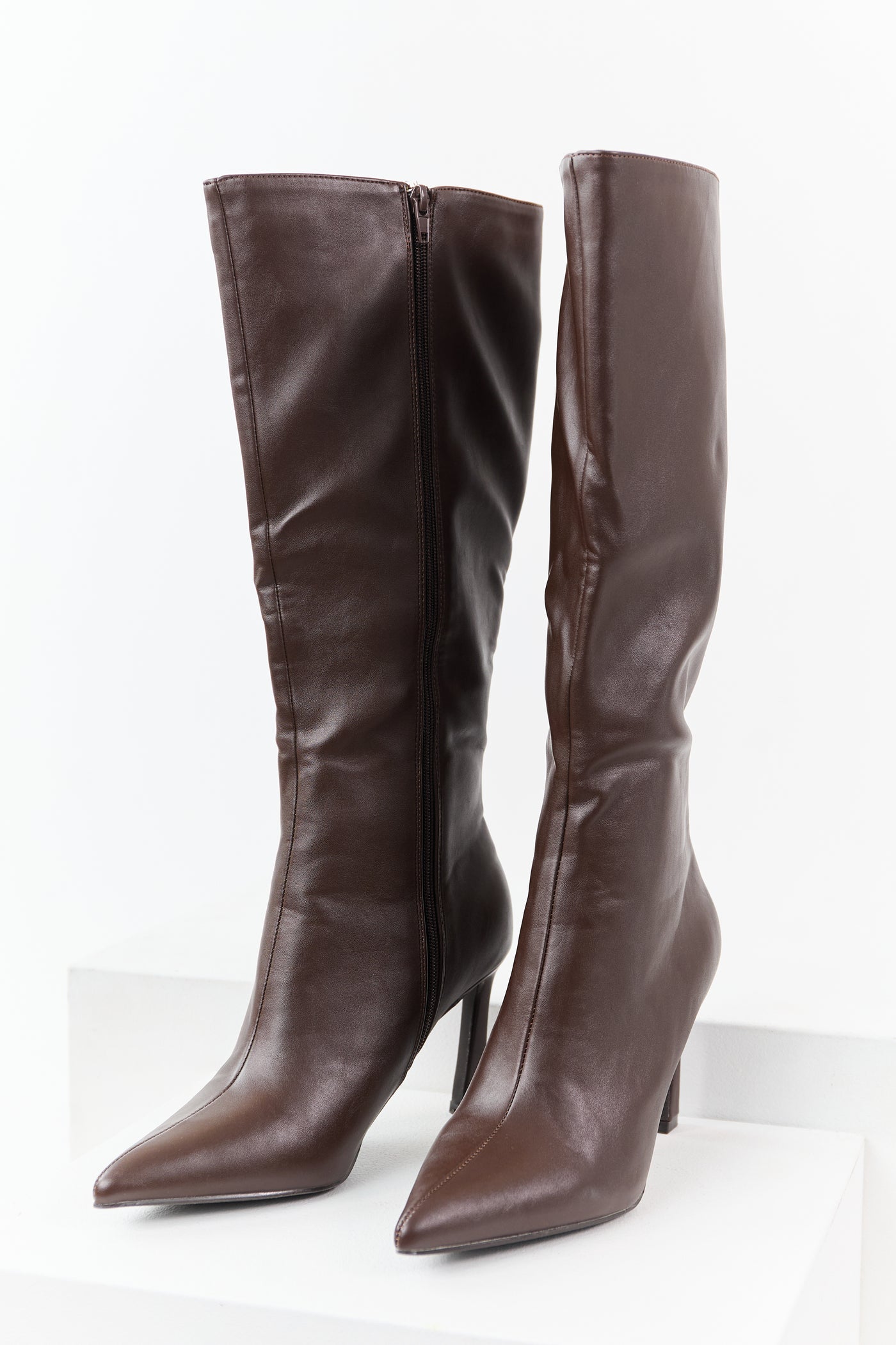 Chocolate Faux Leather High Heel Tall Boots