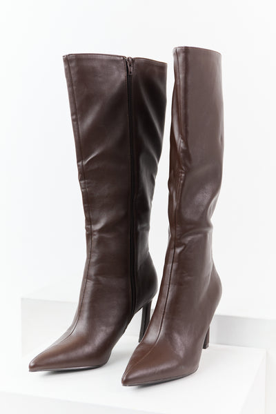 Chocolate Faux Leather High Heel Tall Boots