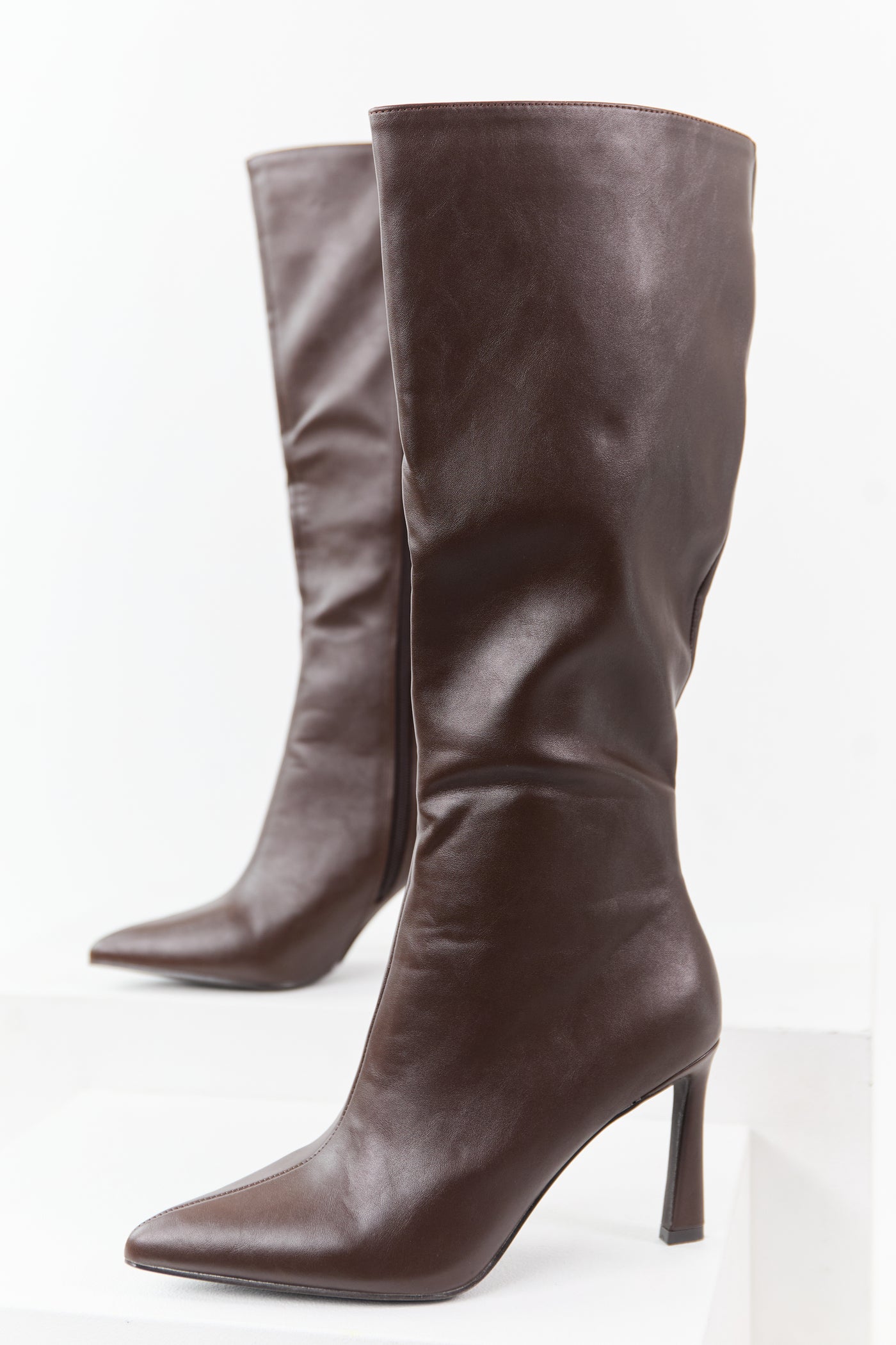 Chocolate Faux Leather High Heel Tall Boots
