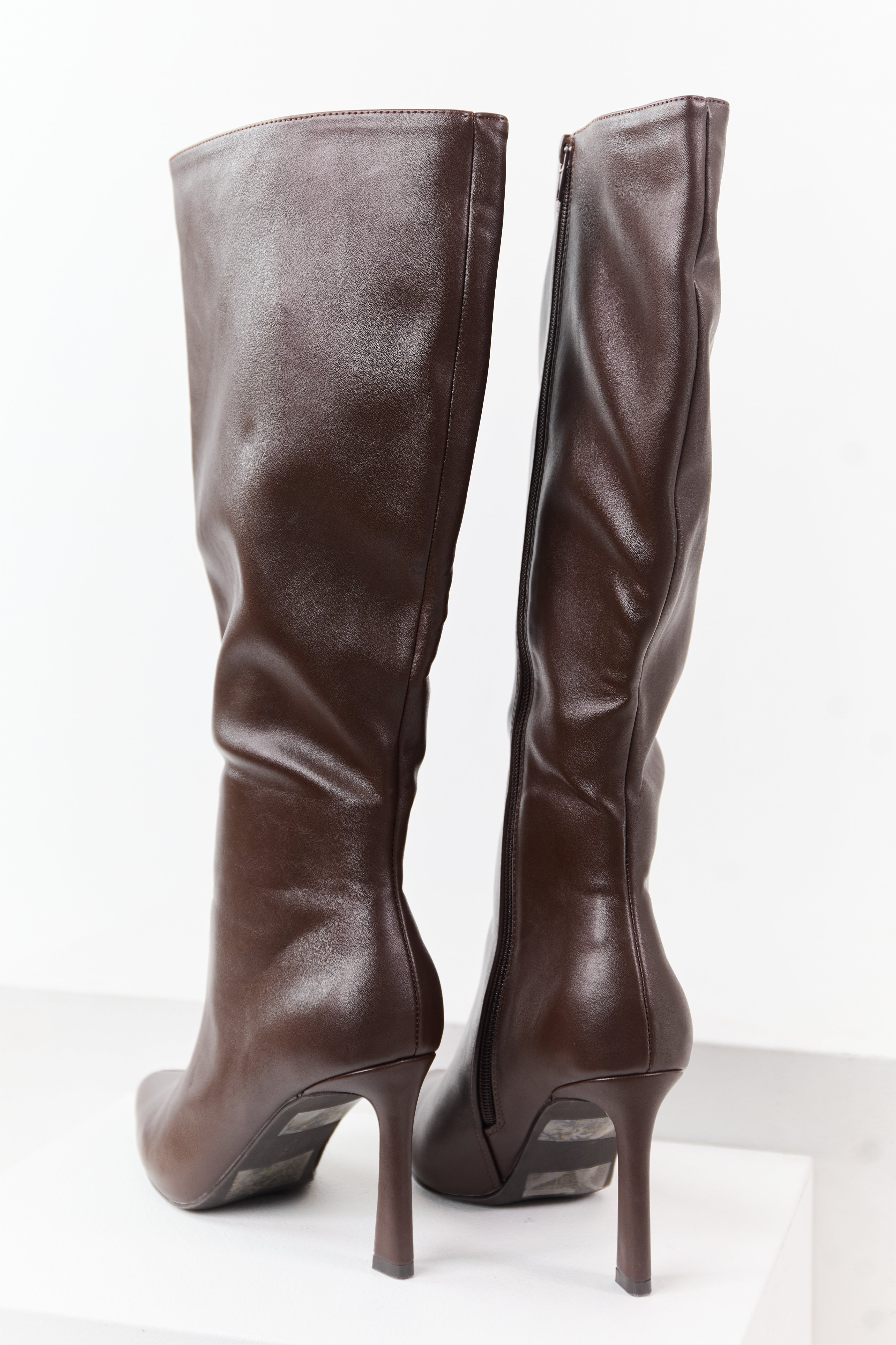 Chocolate Faux Leather High Heel Tall Boots