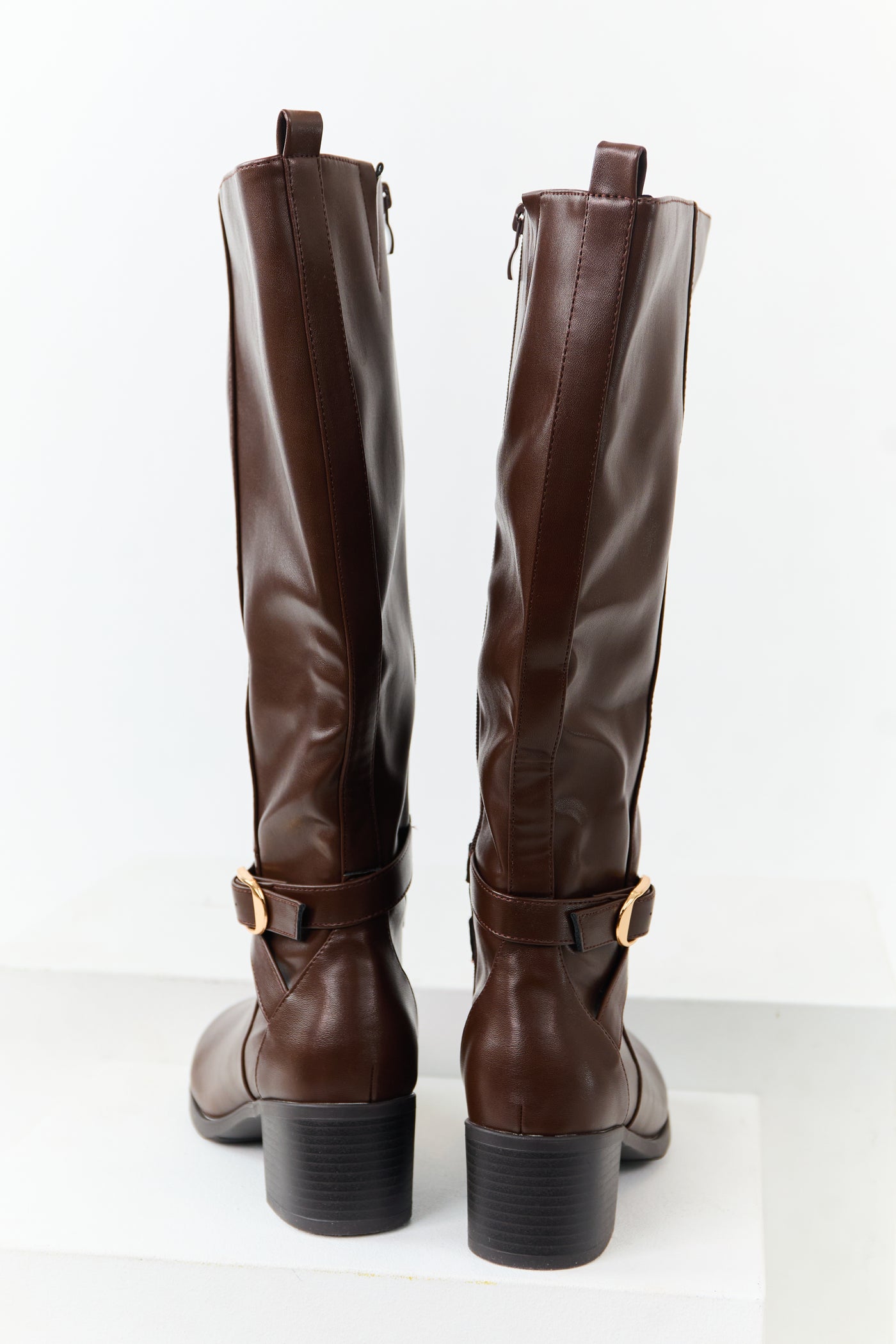 Chocolate Faux Leather Knee High Block Heel Boots