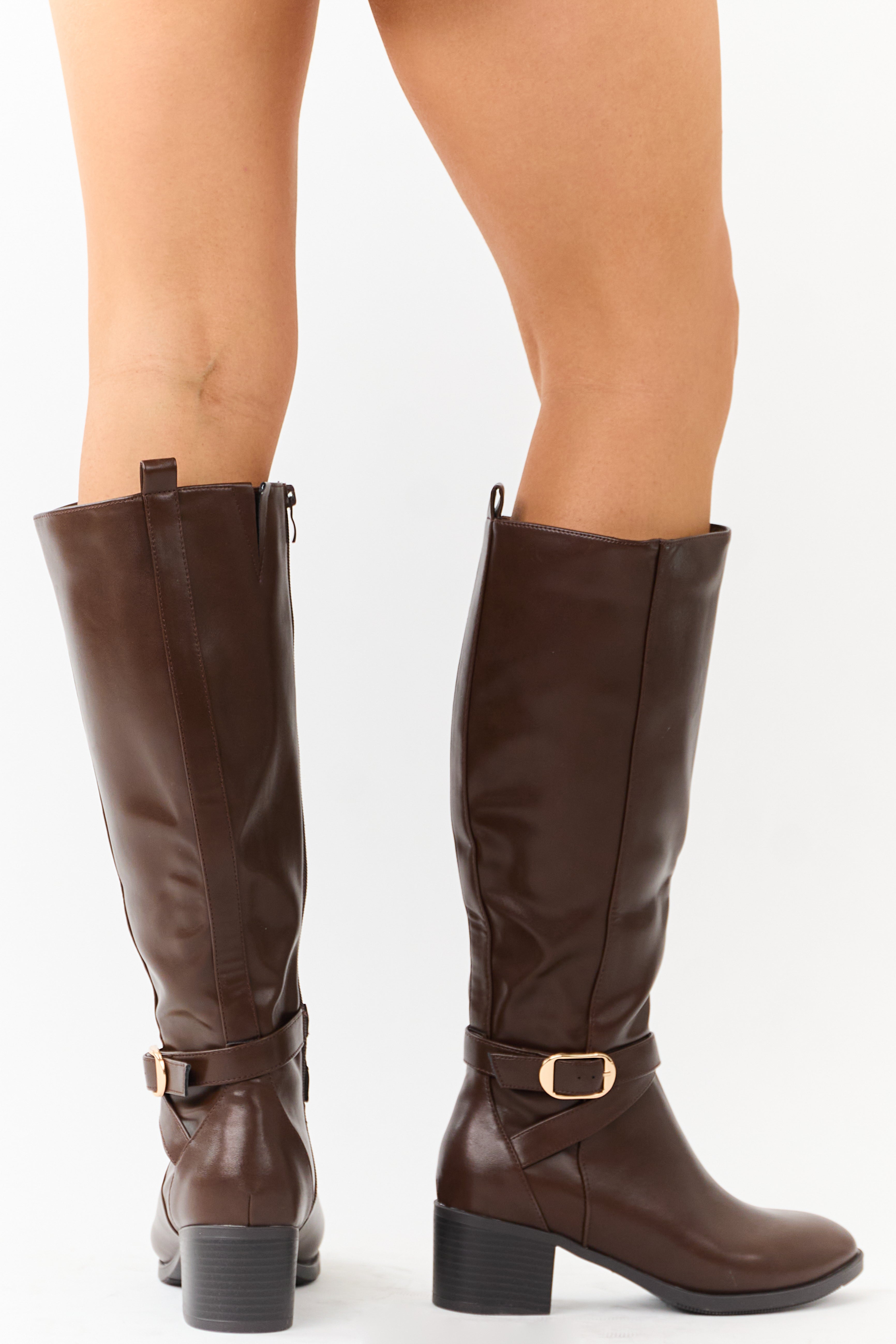 Chocolate Faux Leather Knee High Block Heel Boots