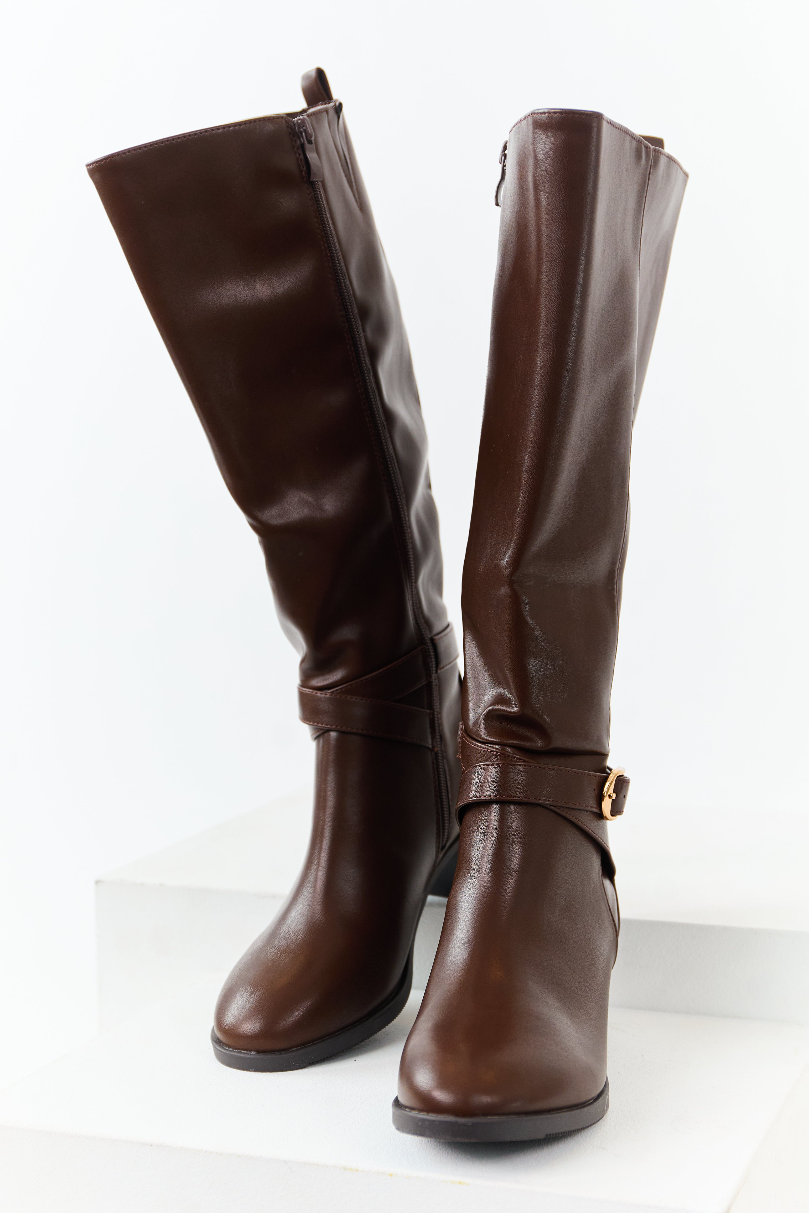 Chocolate Faux Leather Knee High Block Heel Boots