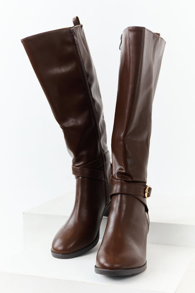Chocolate Faux Leather Knee High Block Heel Boots