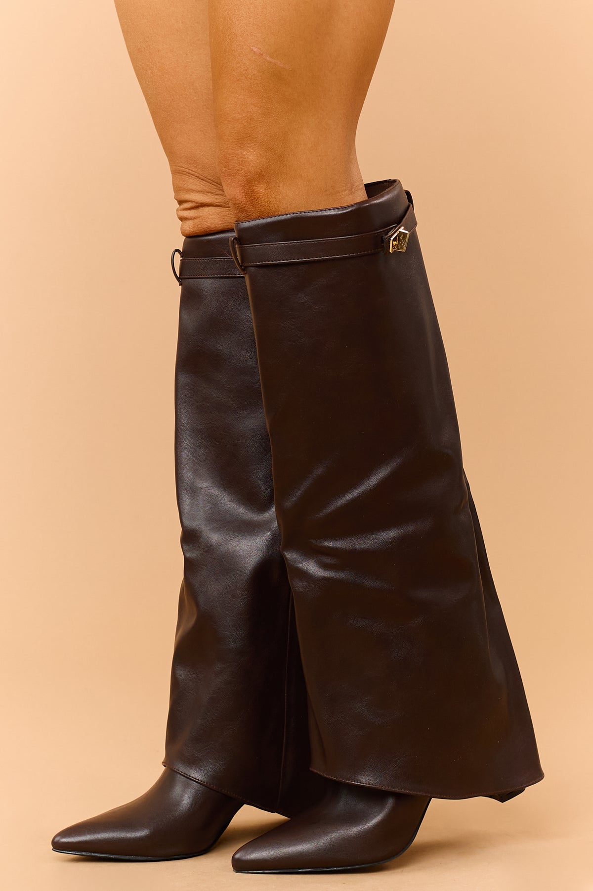 Chocolate Faux Leather Overlay Knee High Boots