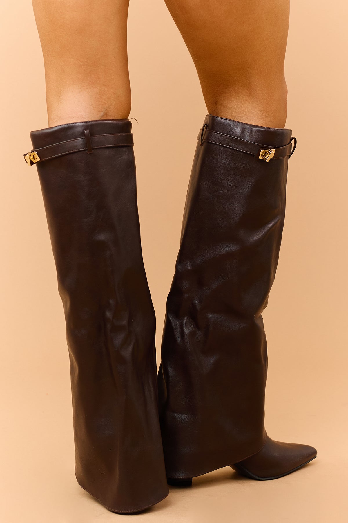 Chocolate Faux Leather Overlay Knee High Boots