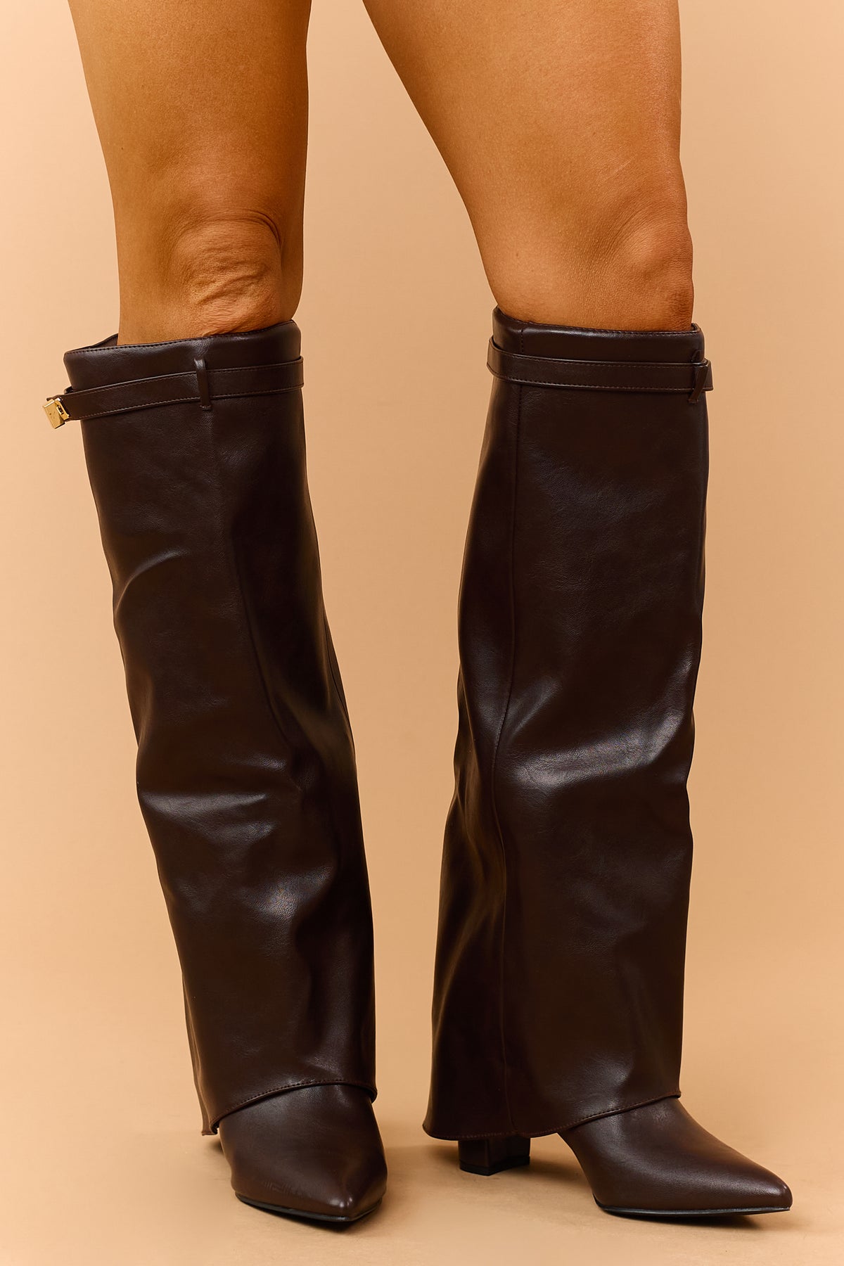 Chocolate Faux Leather Overlay Knee High Boots