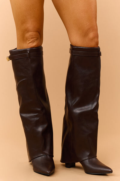Chocolate Faux Leather Overlay Knee High Boots