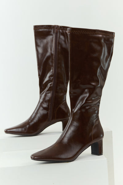 Chocolate Faux Leather Pointed Toe Tall Block Heel Boots
