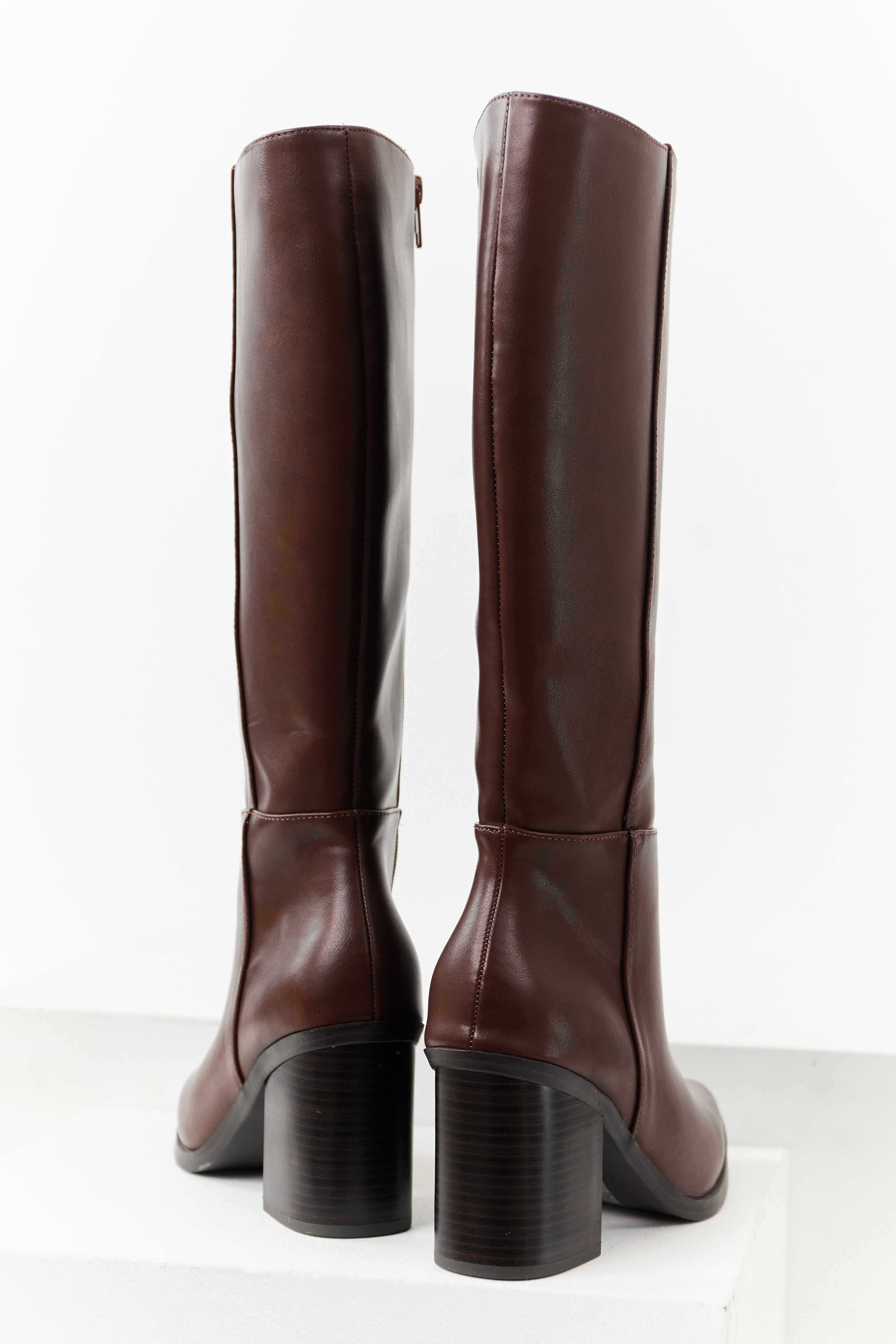 Chocolate Faux Leather Pointed Toe Tall Boots