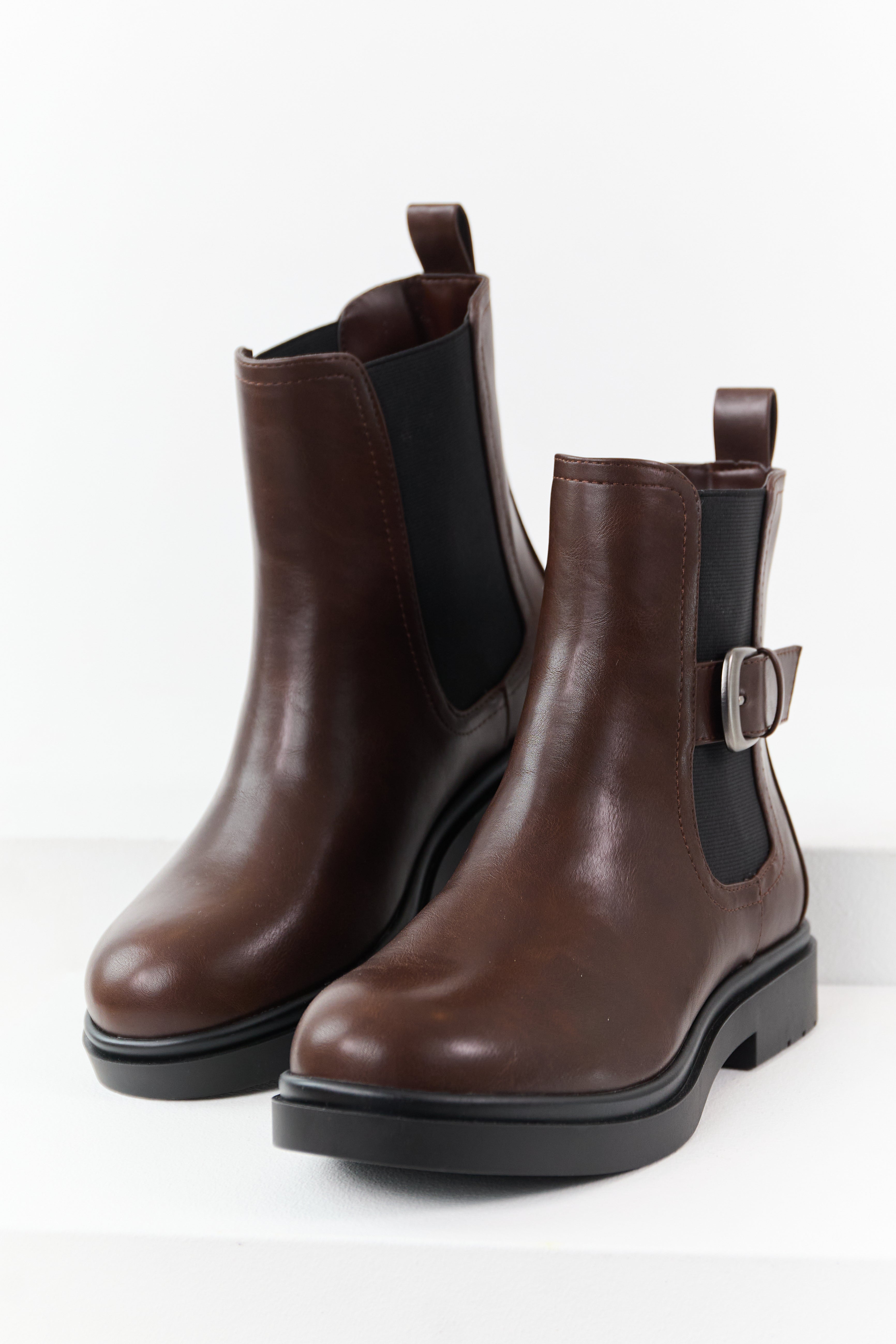 Chocolate Faux Leather Side Buckle Booties