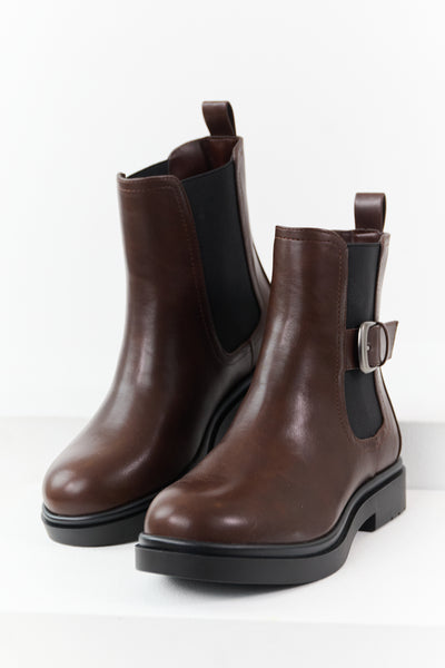 Chocolate Faux Leather Side Buckle Booties
