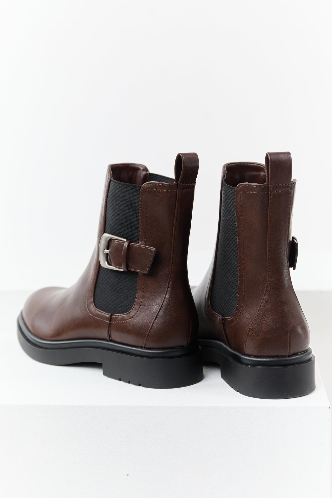 Chocolate Faux Leather Side Buckle Booties