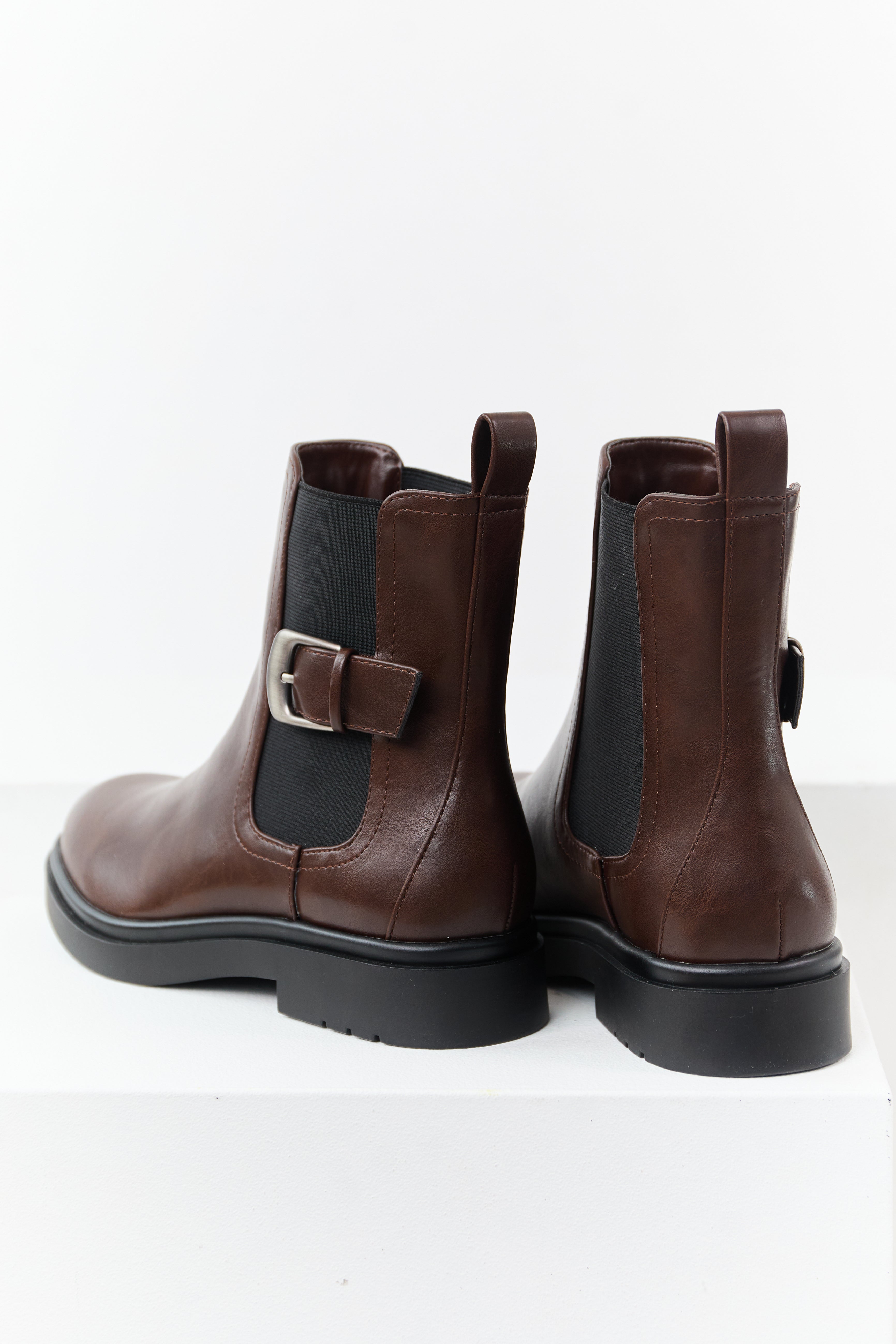 Chocolate Faux Leather Side Buckle Booties
