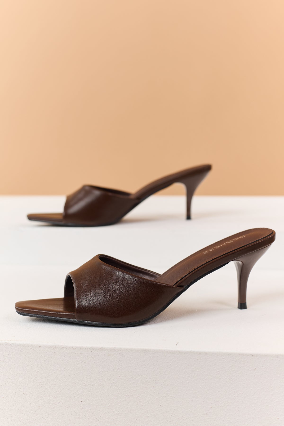 Chocolate Faux Leather Slip On Open Toe Heels