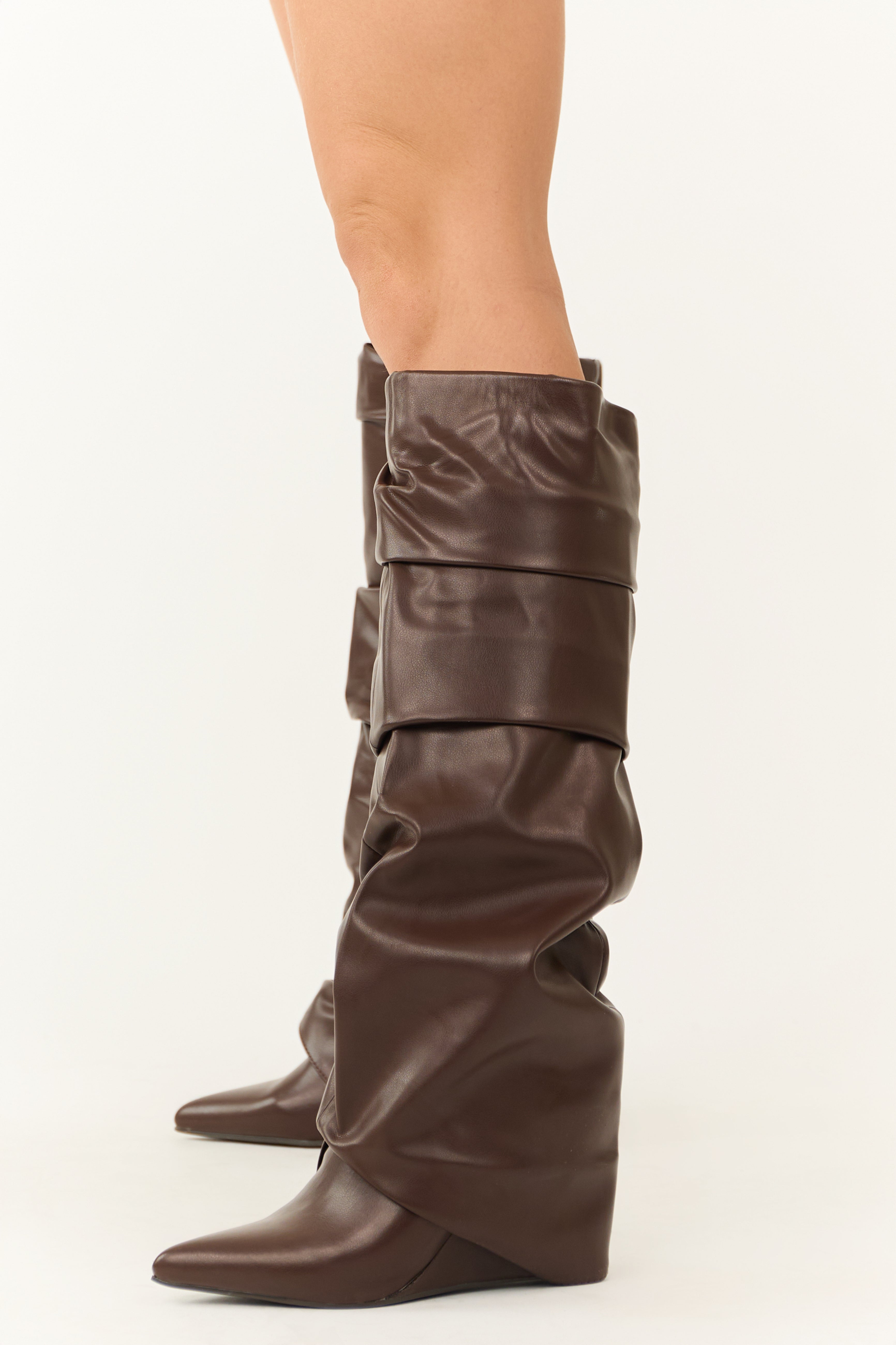 Chocolate Faux Leather Slouchy Knee High Boots | Lime Lush Boutique