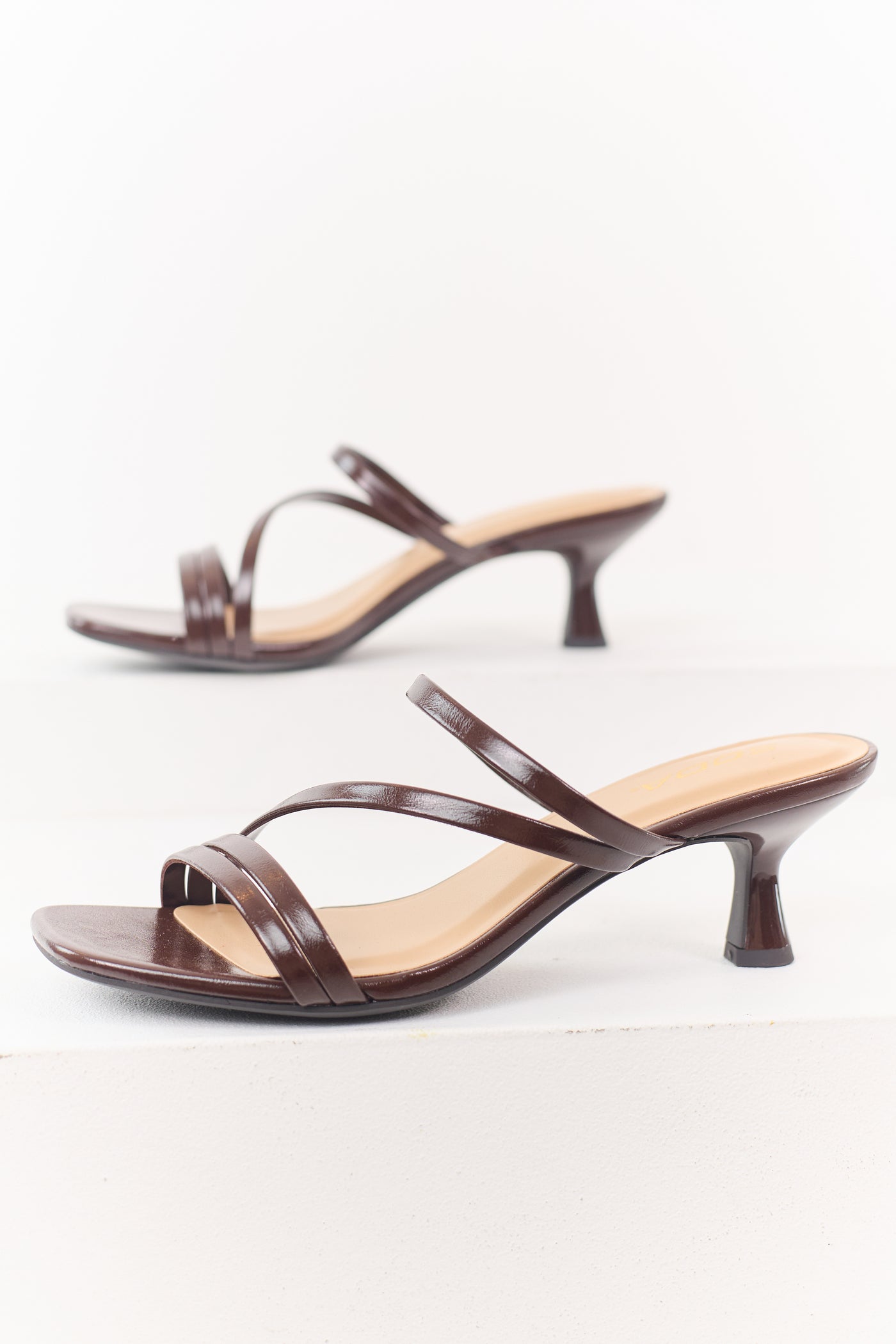 Chocolate Faux Leather Strappy Open Toed Heels