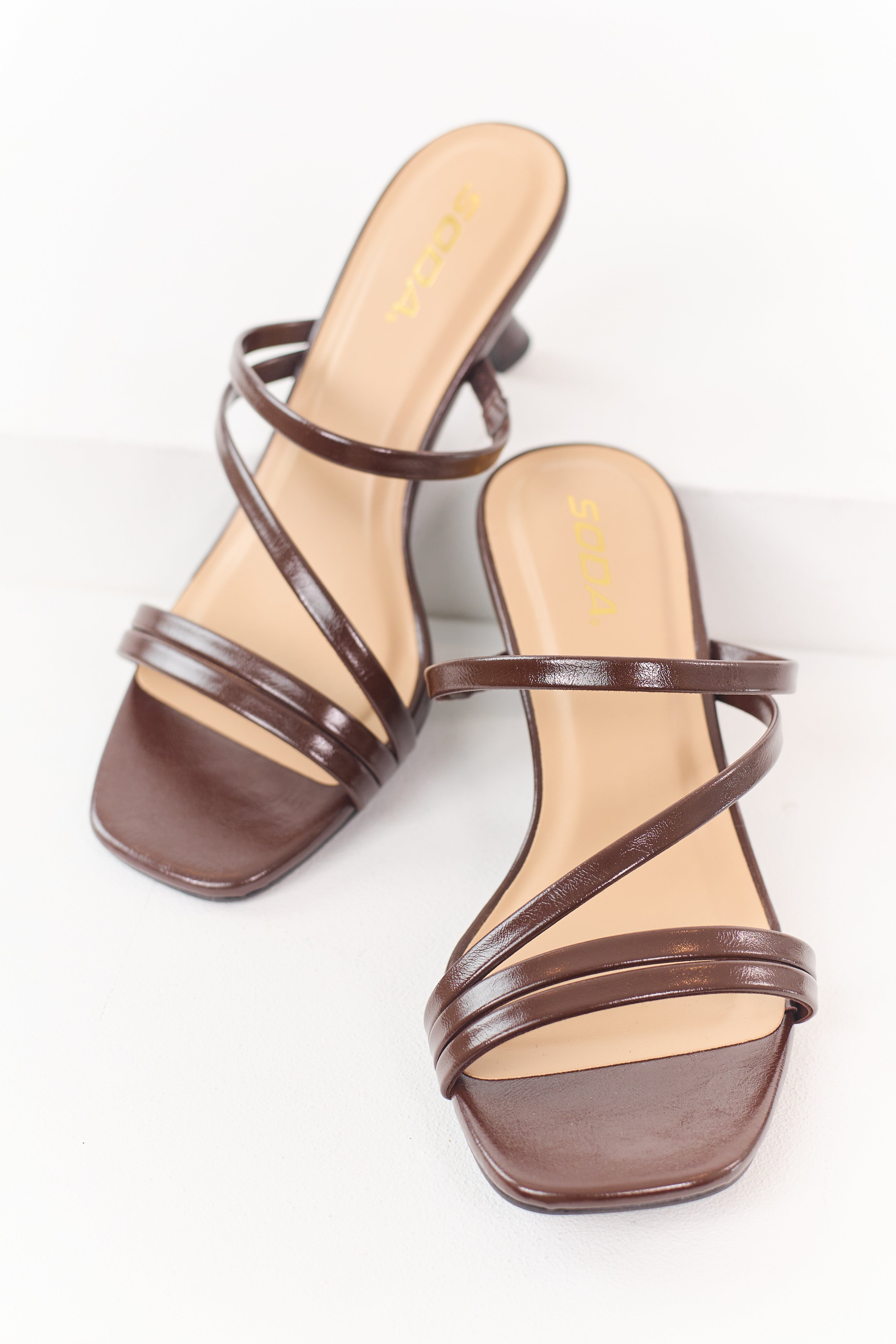 Chocolate Faux Leather Strappy Open Toed Heels