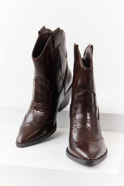 Chocolate Faux Leather Western Style Short Boots