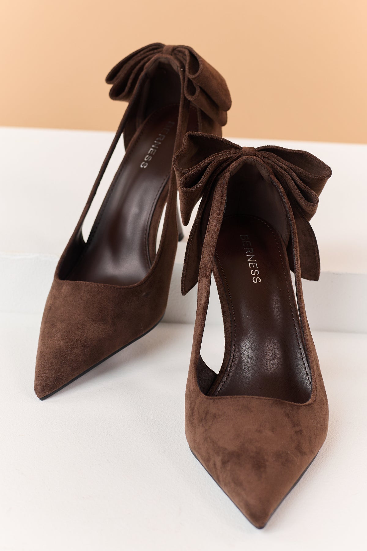 Chocolate Faux Suede Bow Sling Back Stiletto Heels