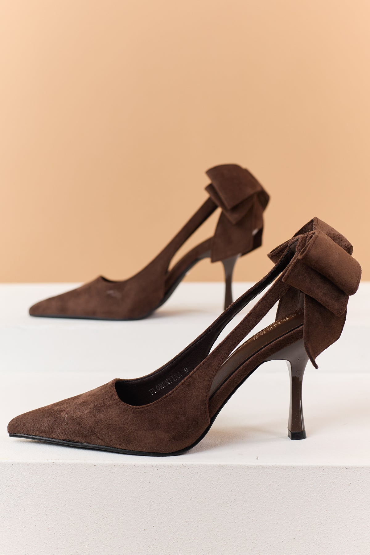 Chocolate Faux Suede Bow Sling Back Stiletto Heels