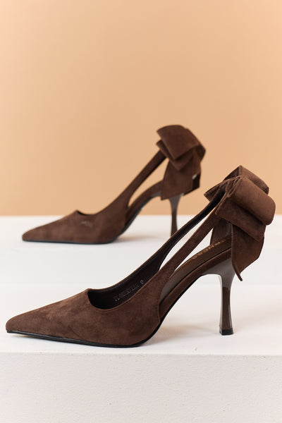 Chocolate Faux Suede Bow Sling Back Stiletto Heels