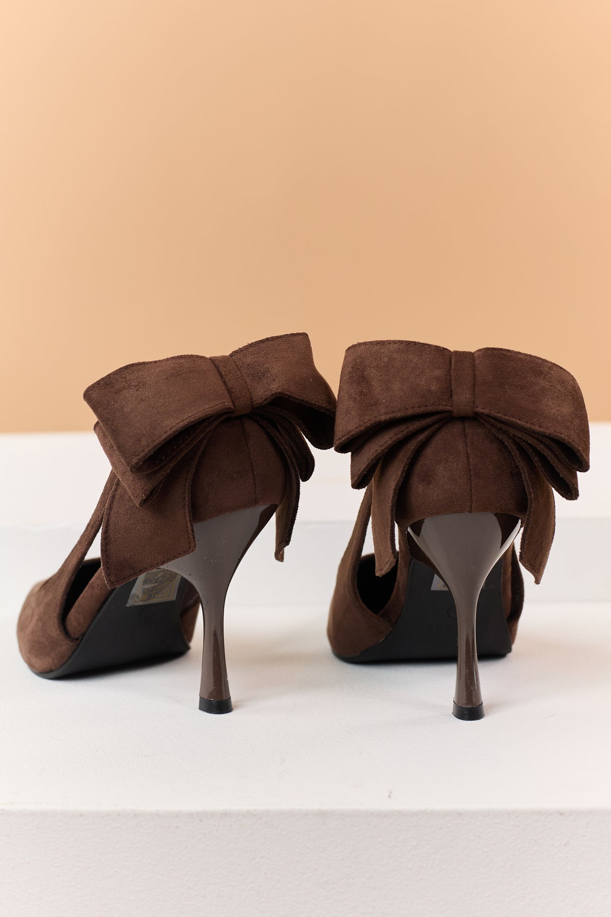 Chocolate Faux Suede Bow Sling Back Stiletto Heels
