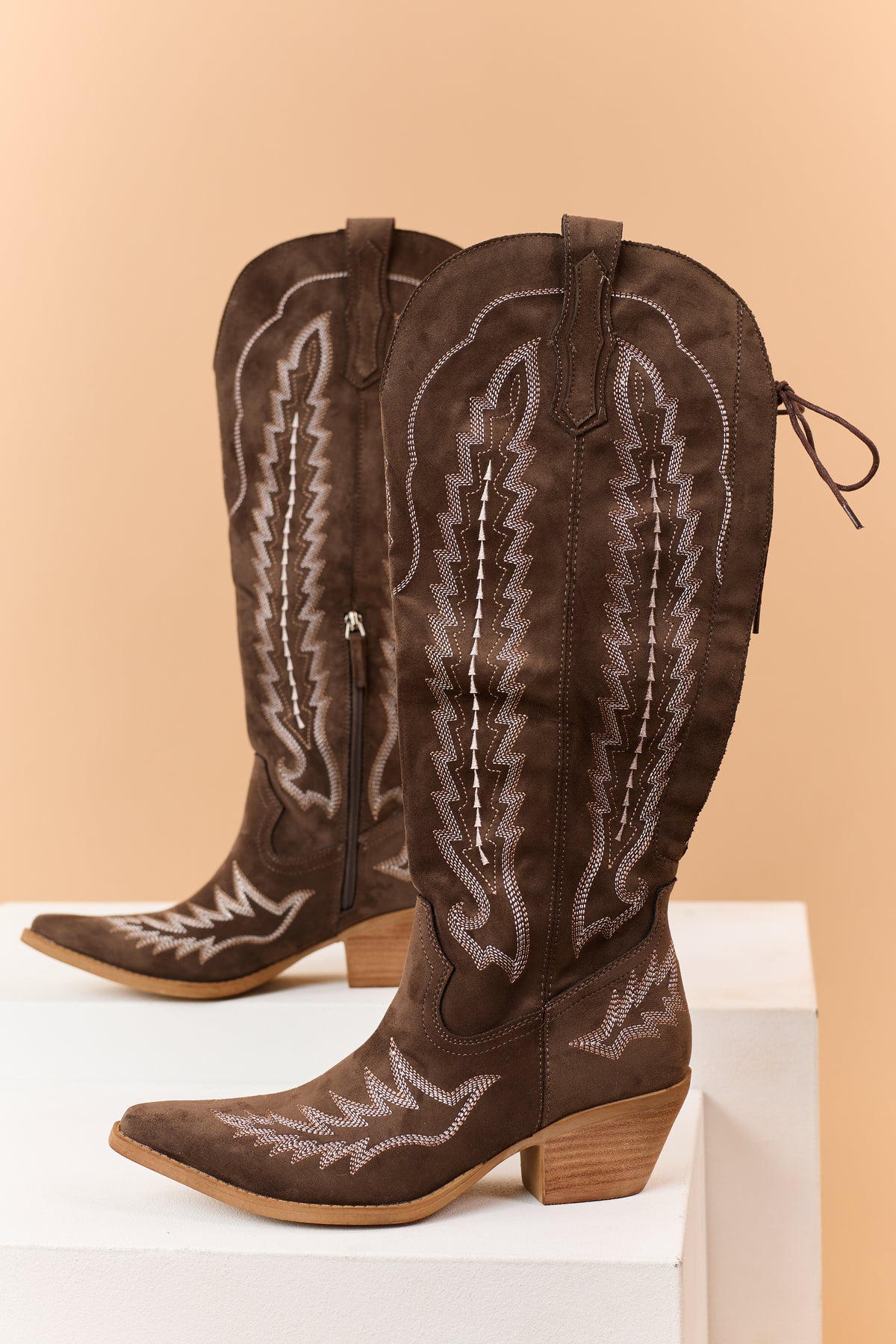 Chocolate Faux Suede Embroidered Lace Up Boots
