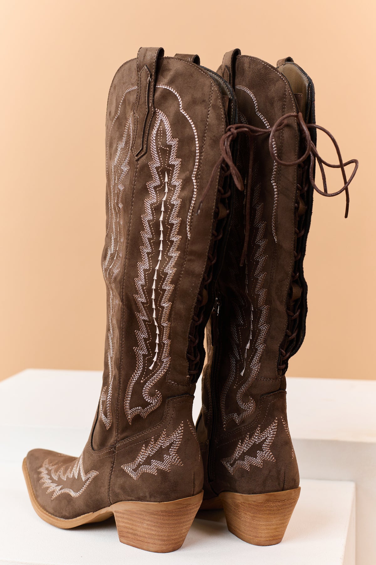 Chocolate Faux Suede Embroidered Lace Up Boots