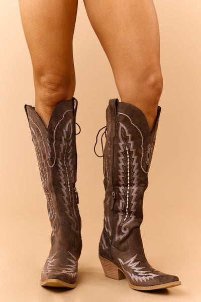 Chocolate Faux Suede Embroidered Lace Up Boots