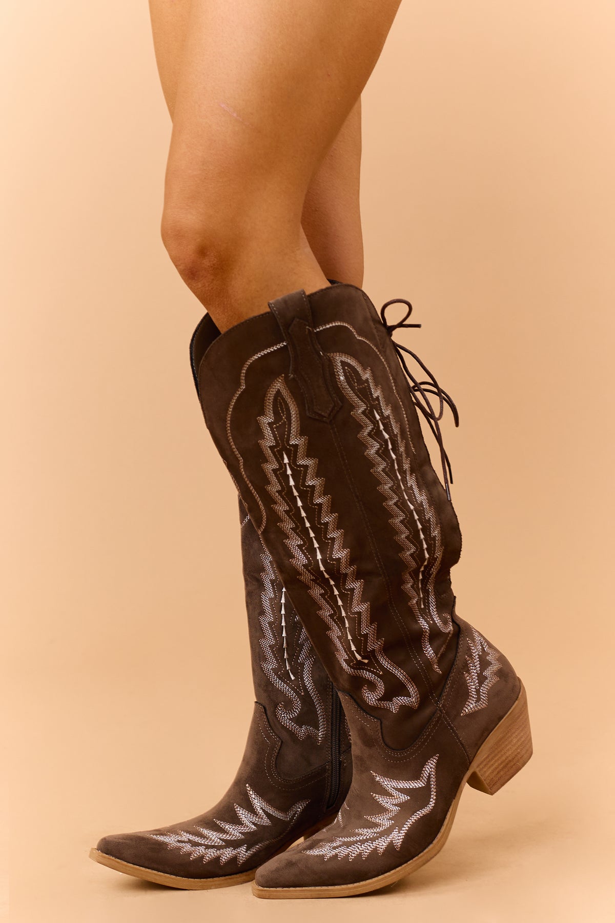 Chocolate Faux Suede Embroidered Lace Up Boots