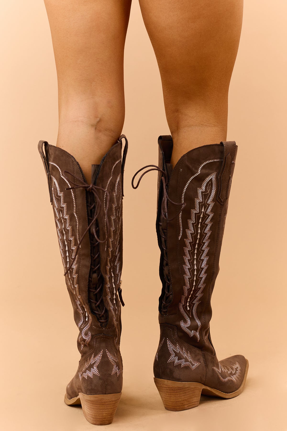 Chocolate Faux Suede Embroidered Lace Up Boots