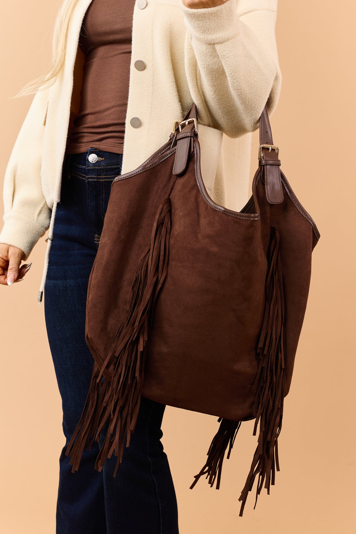 Chocolate Faux Suede Fringe Large Handbag