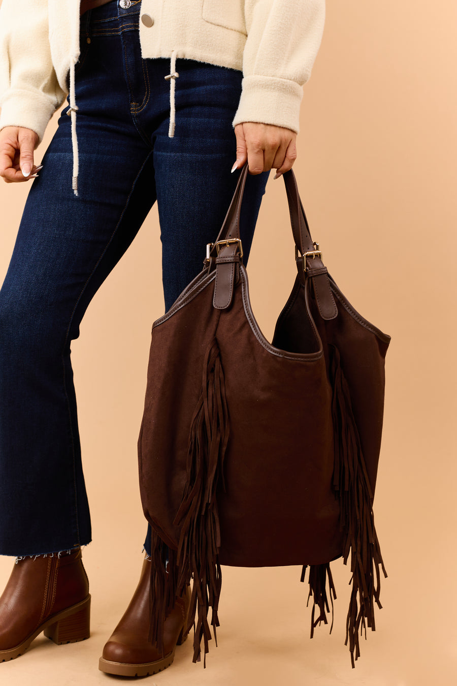 Chocolate Faux Suede Fringe Large Handbag