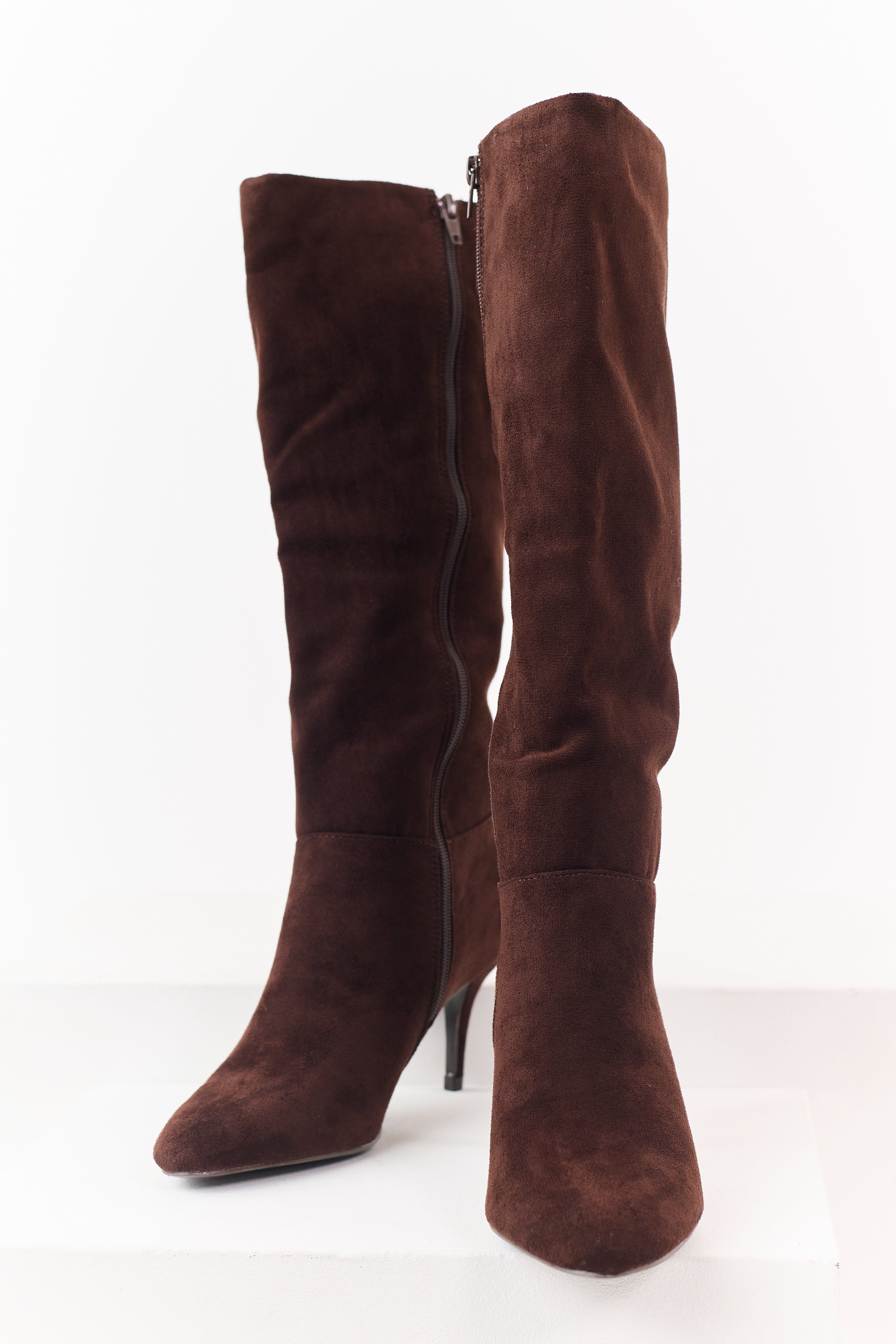 Chocolate Faux Suede Kitten Heel Tall Boots