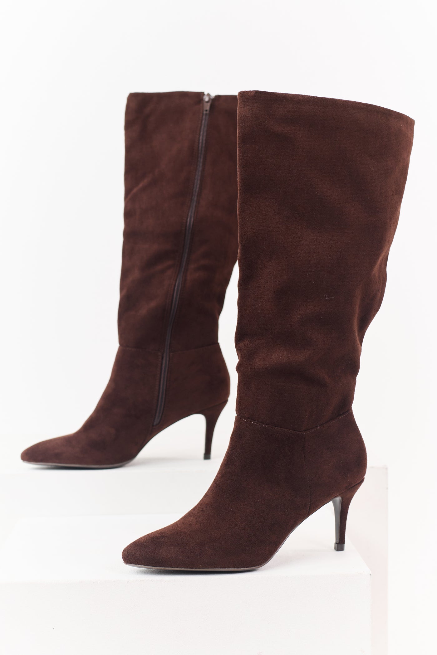 Chocolate Faux Suede Kitten Heel Tall Boots