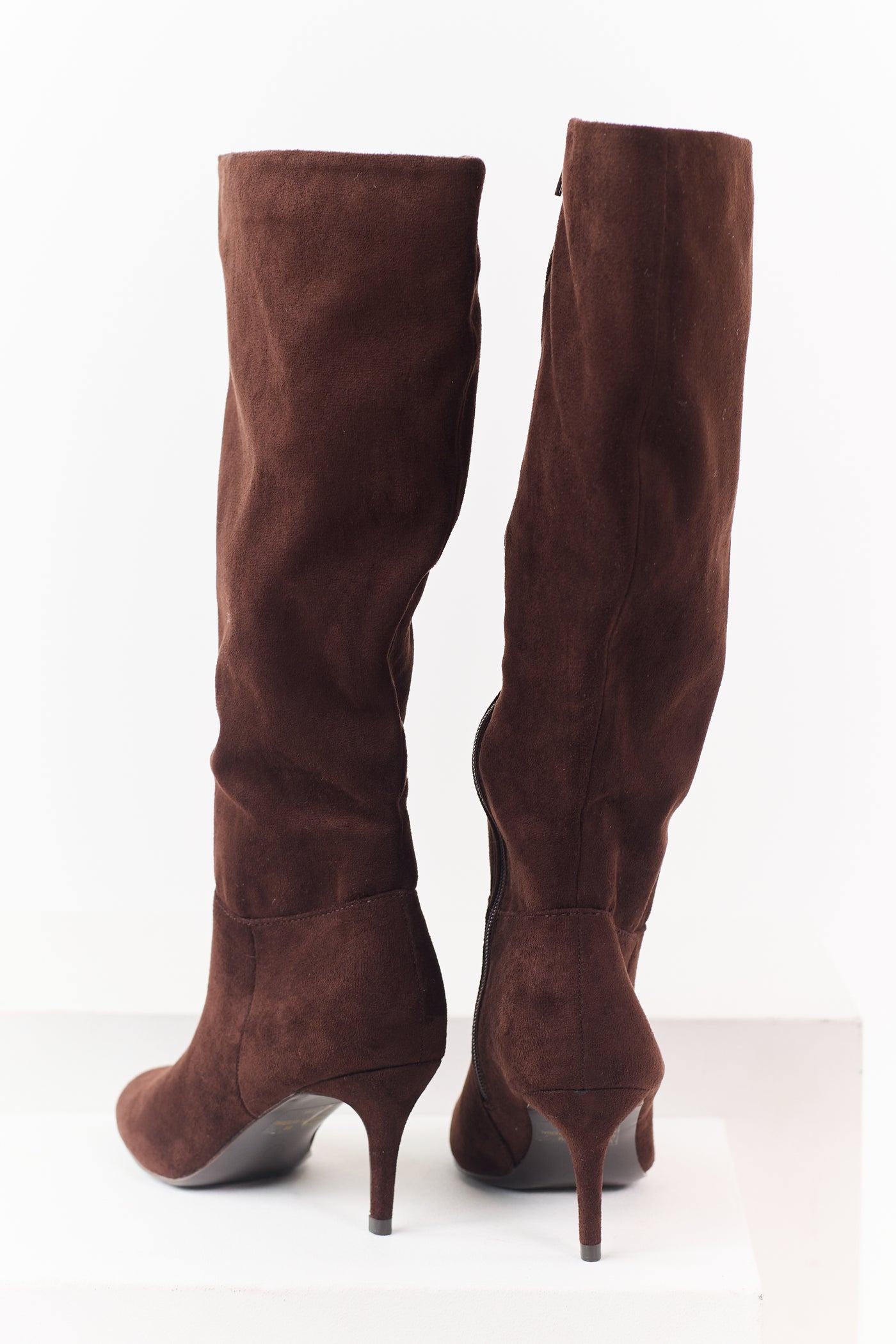 Chocolate Faux Suede Kitten Heel Tall Boots