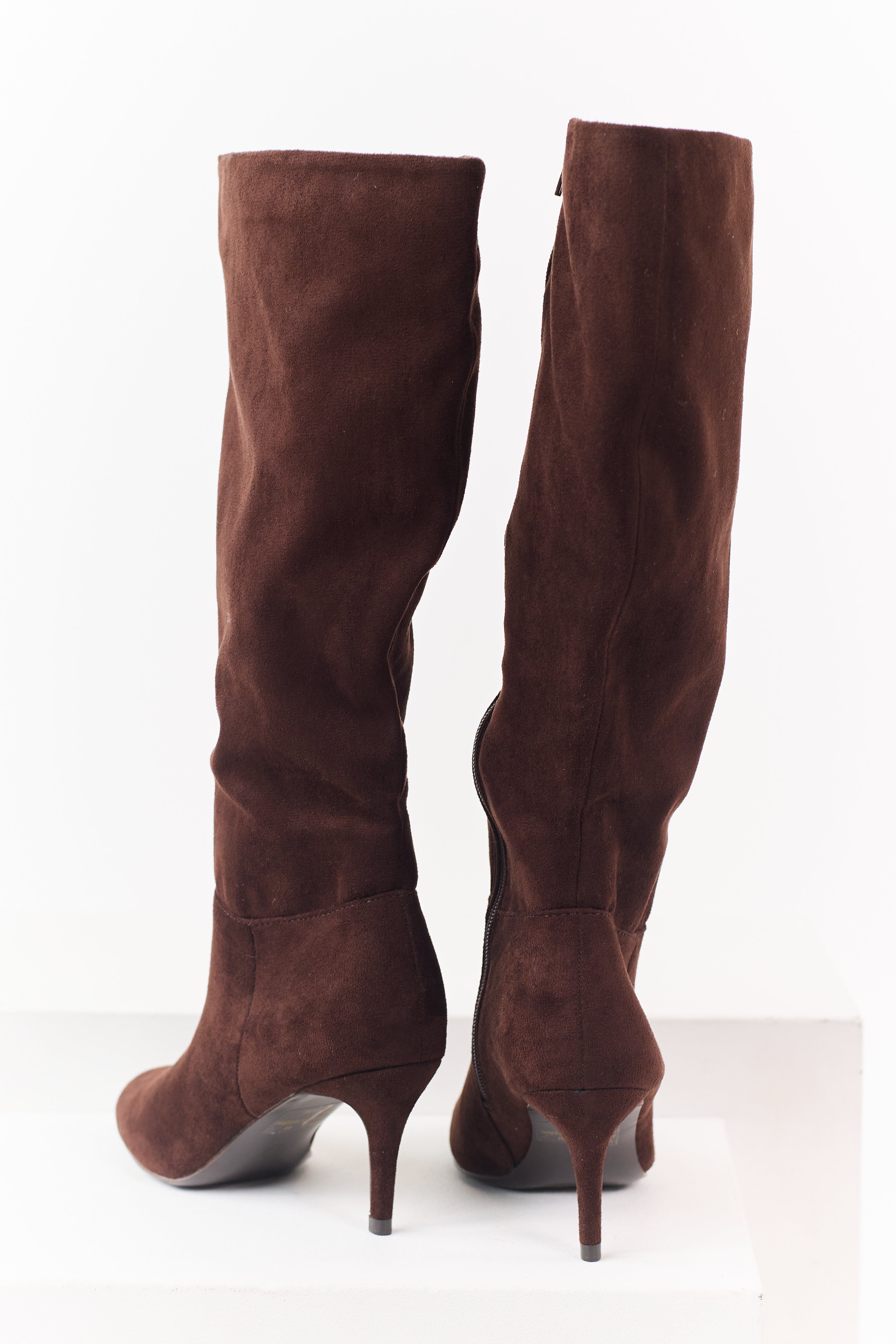 Chocolate Faux Suede Kitten Heel Tall Boots