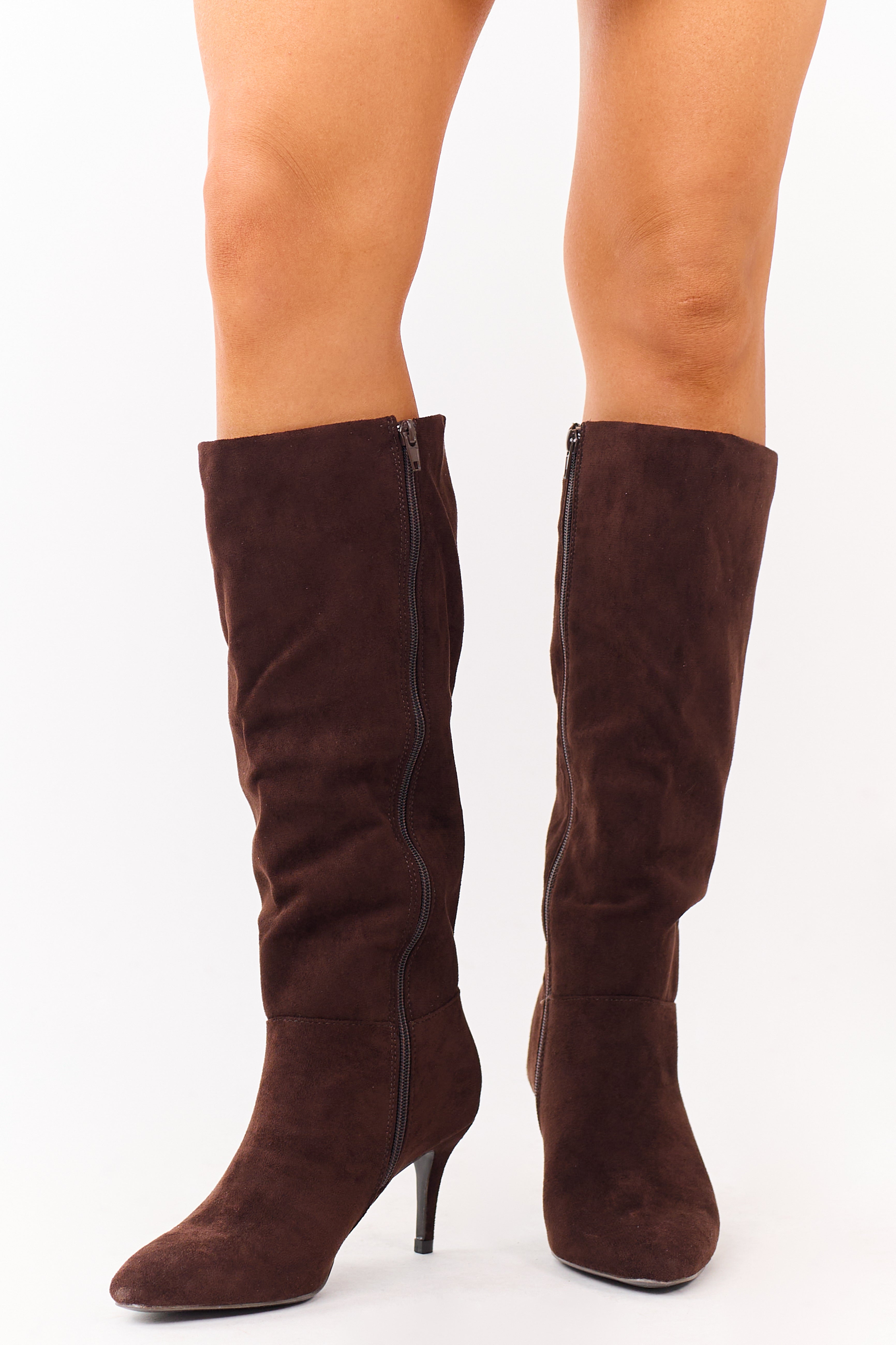 Chocolate Faux Suede Kitten Heel Tall Boots
