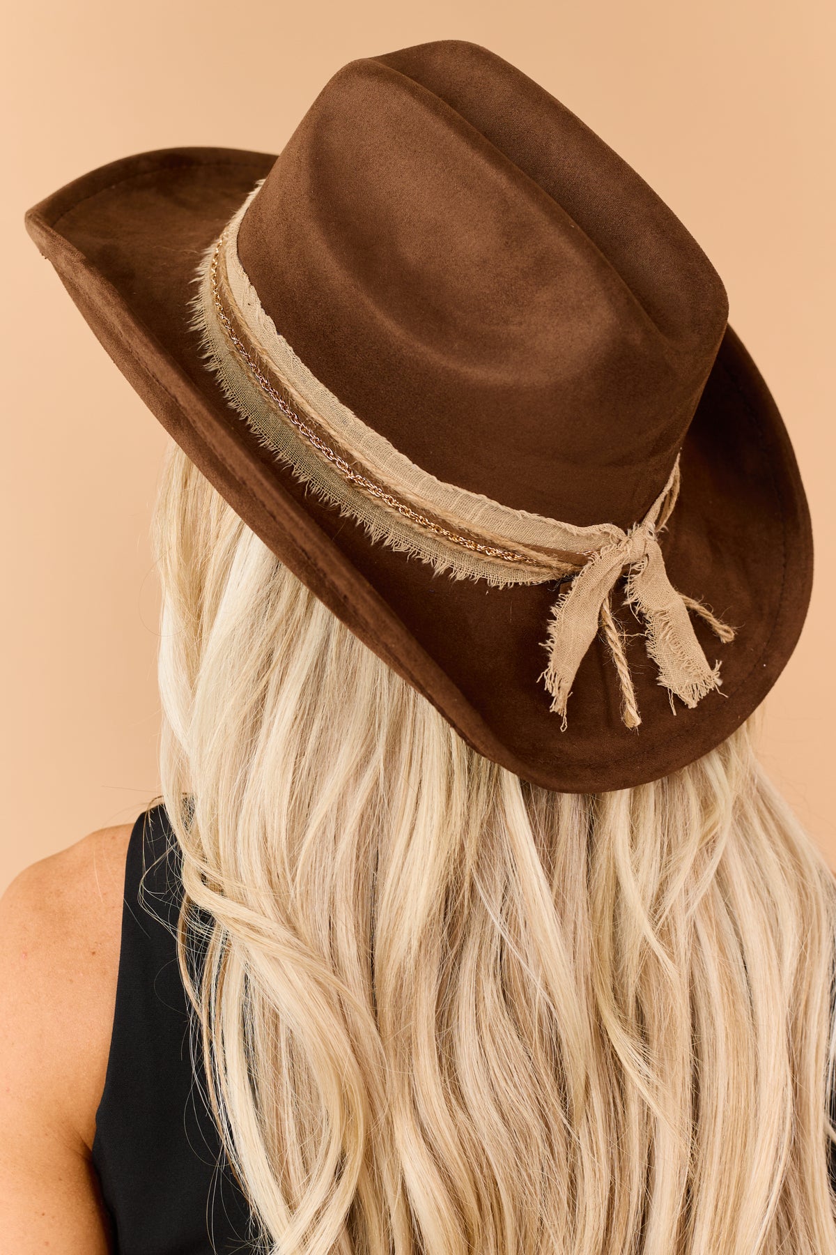 Chocolate Faux Suede Layered Chain Band Cowboy Hat
