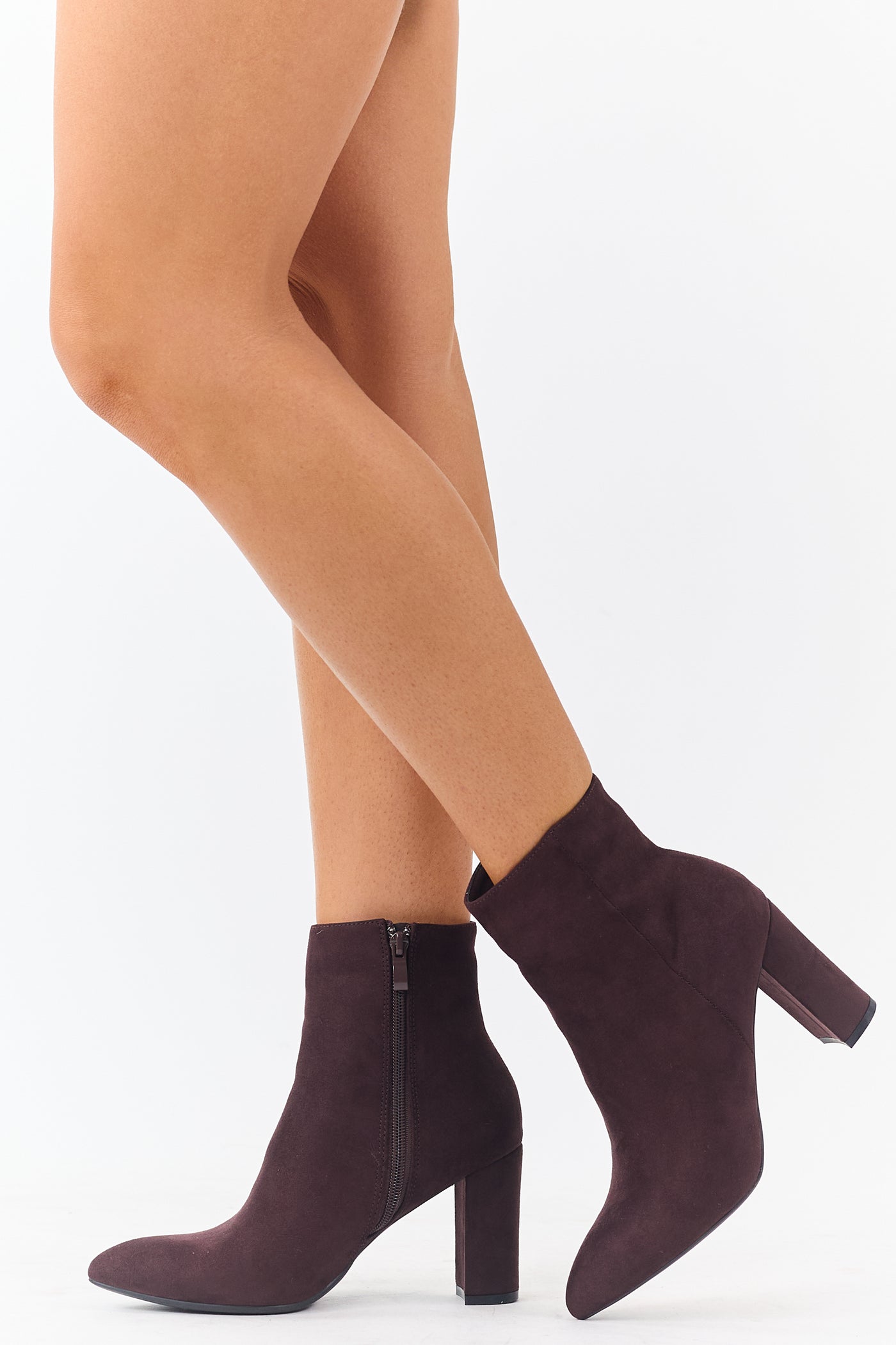 Chocolate Faux Suede Pointed Toe Heeled Booties