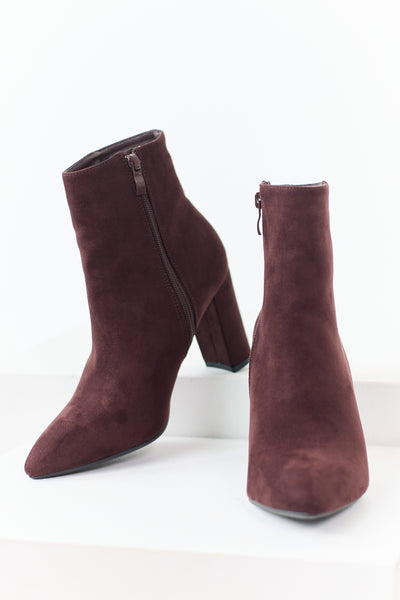 Chocolate Faux Suede Pointed Toe Heeled Booties
