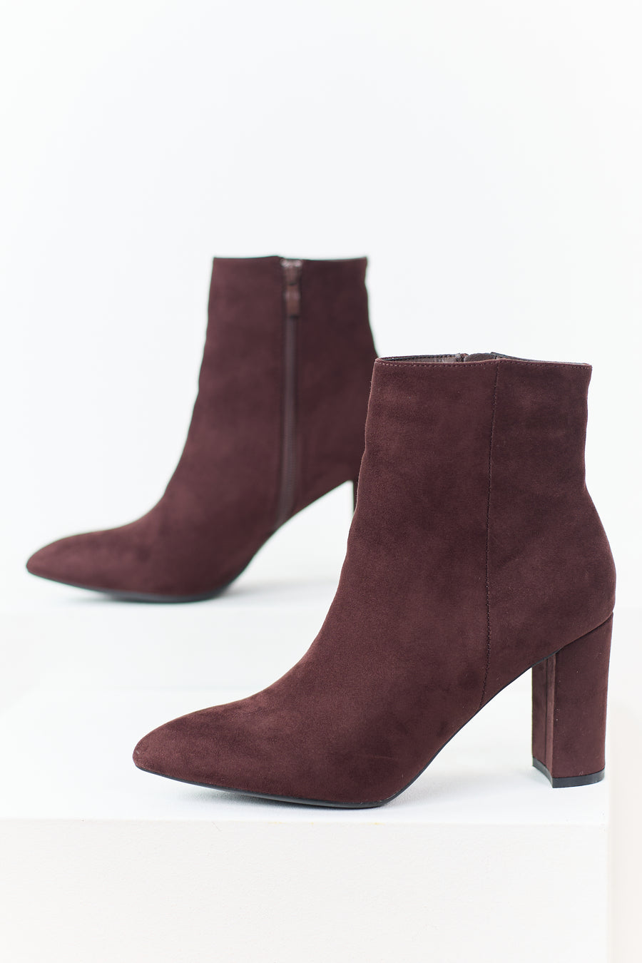 Chocolate Faux Suede Pointed Toe Heeled Booties