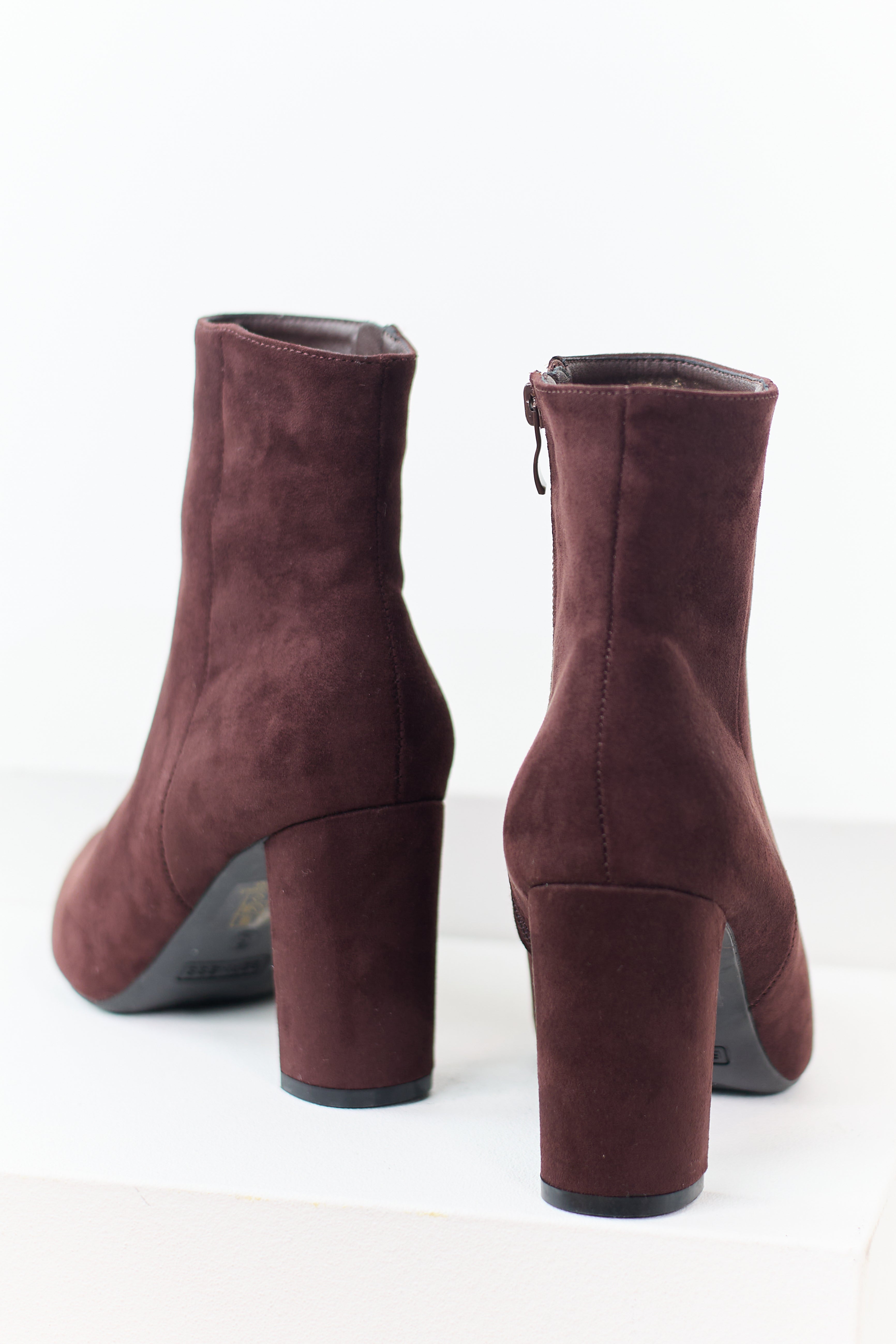 Chocolate Faux Suede Pointed Toe Heeled Booties