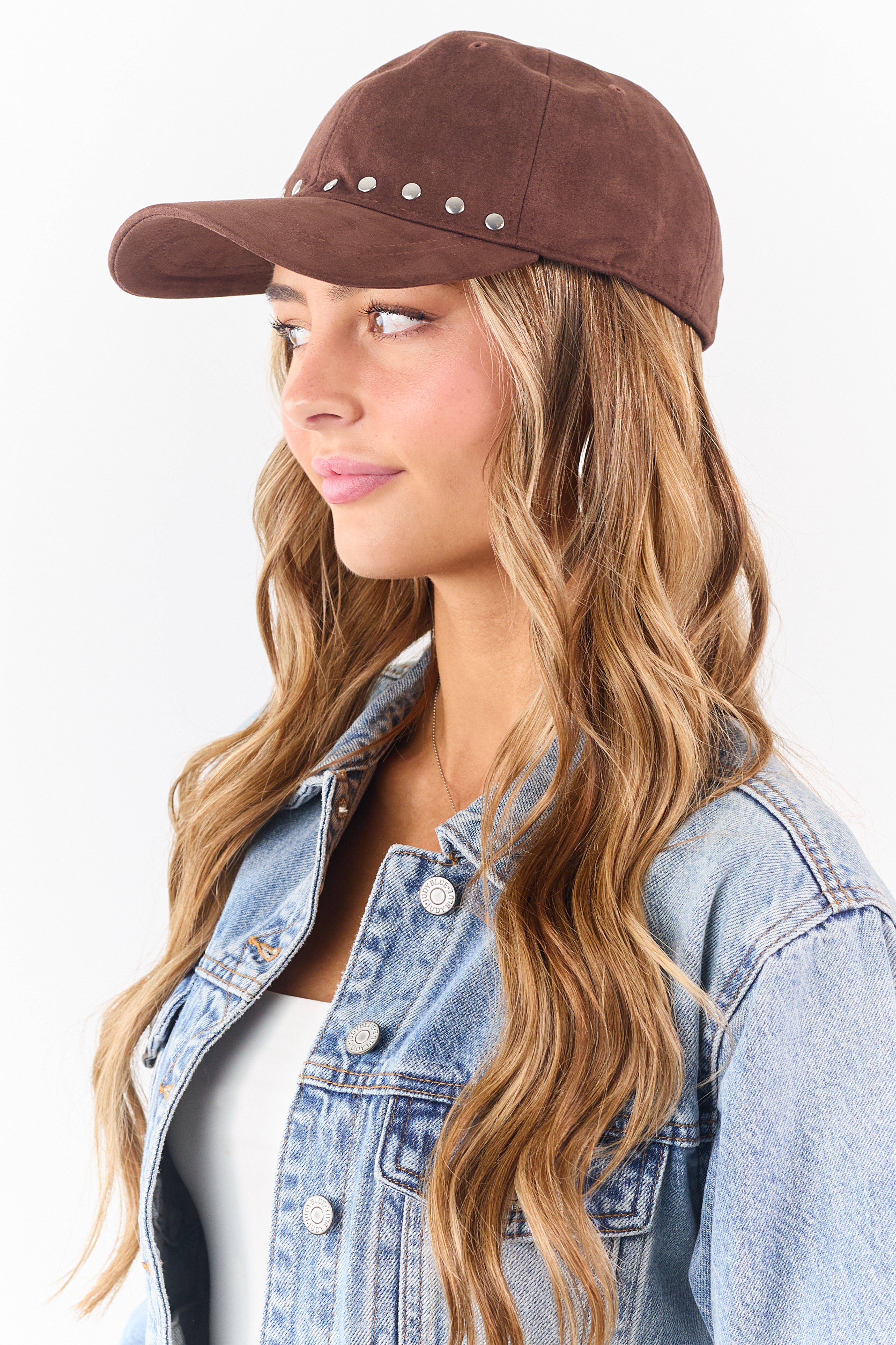 Chocolate Faux Suede Rivet Trim Baseball Cap