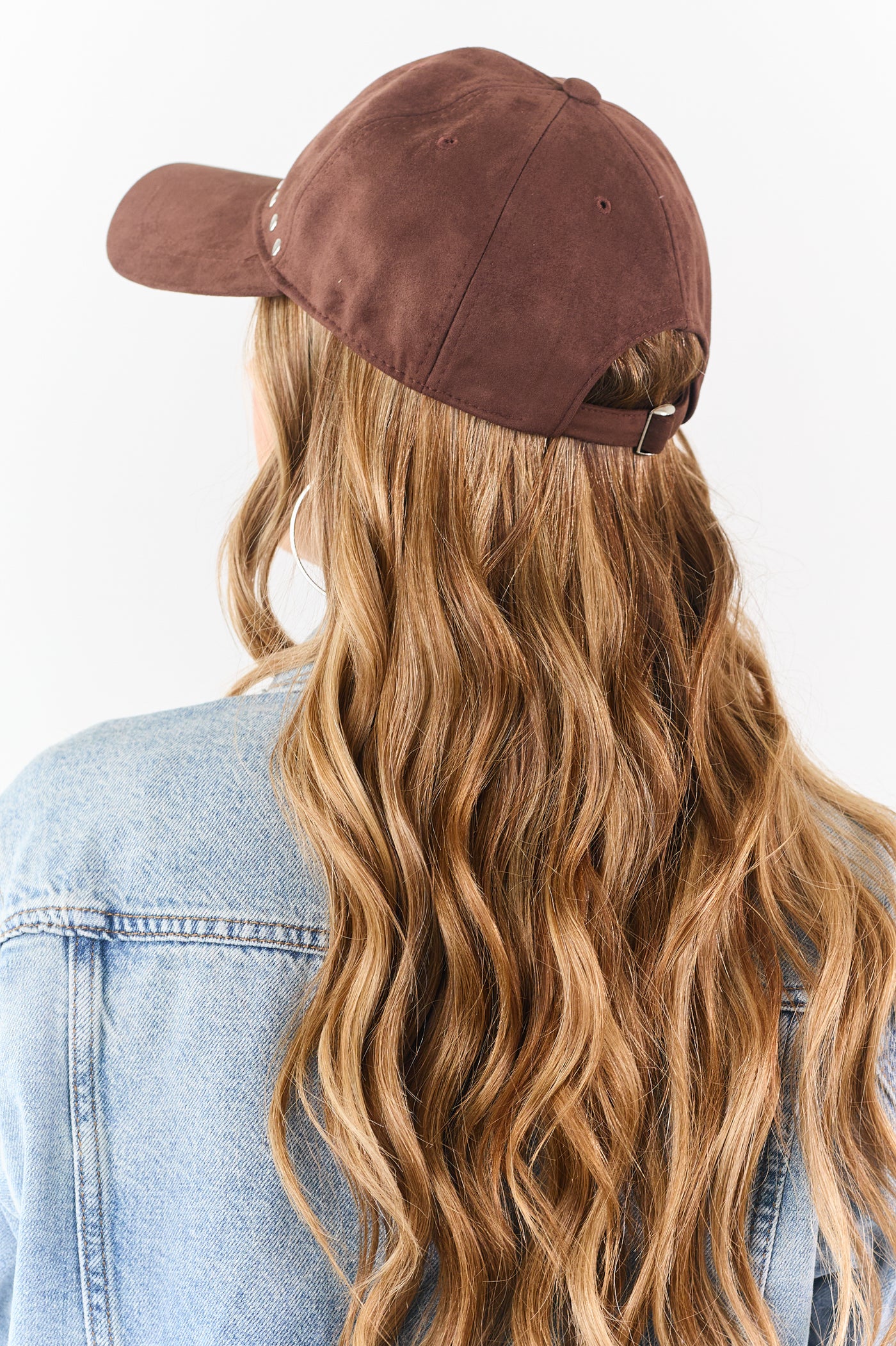 Chocolate Faux Suede Rivet Trim Baseball Cap