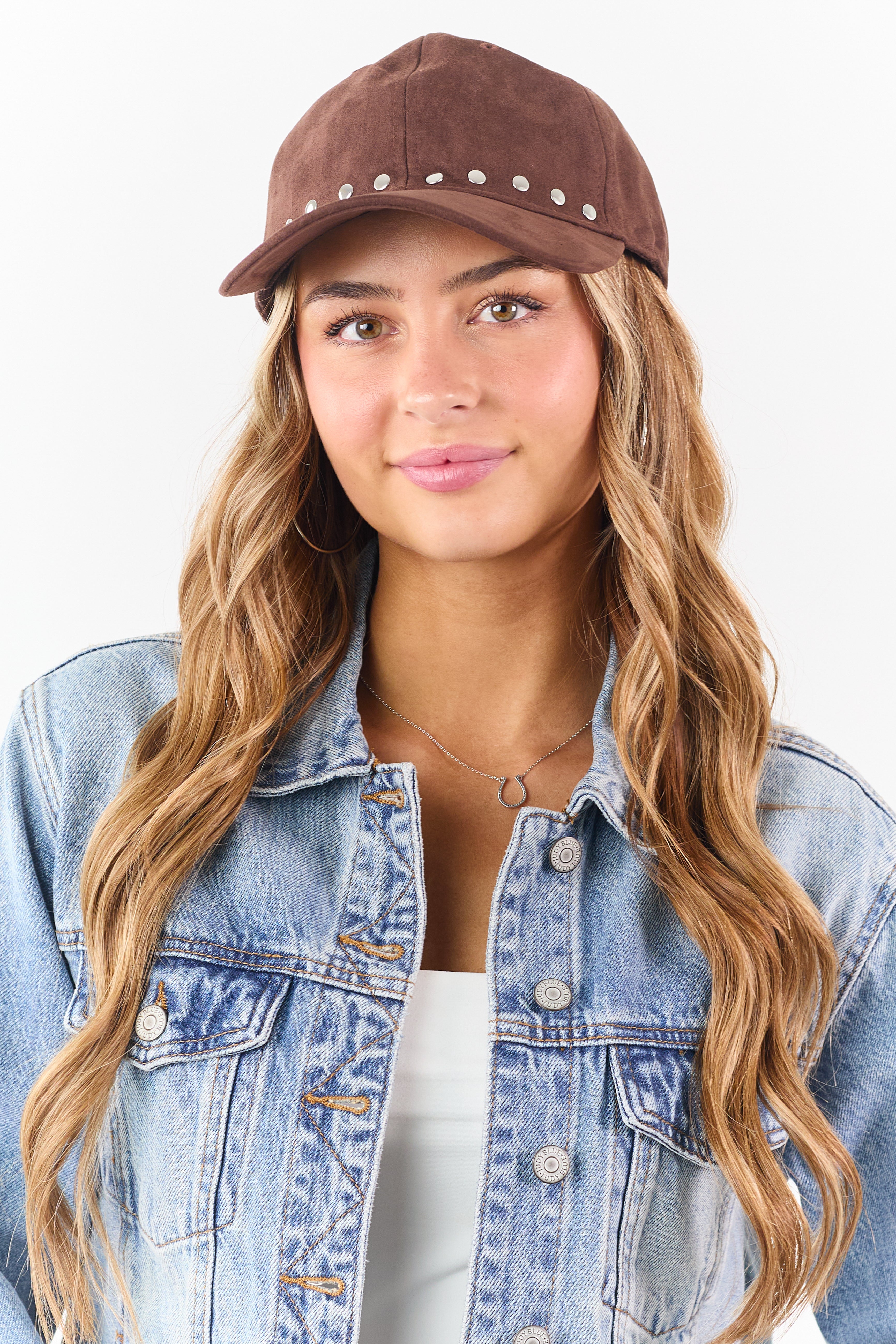 Chocolate Faux Suede Rivet Trim Baseball Cap
