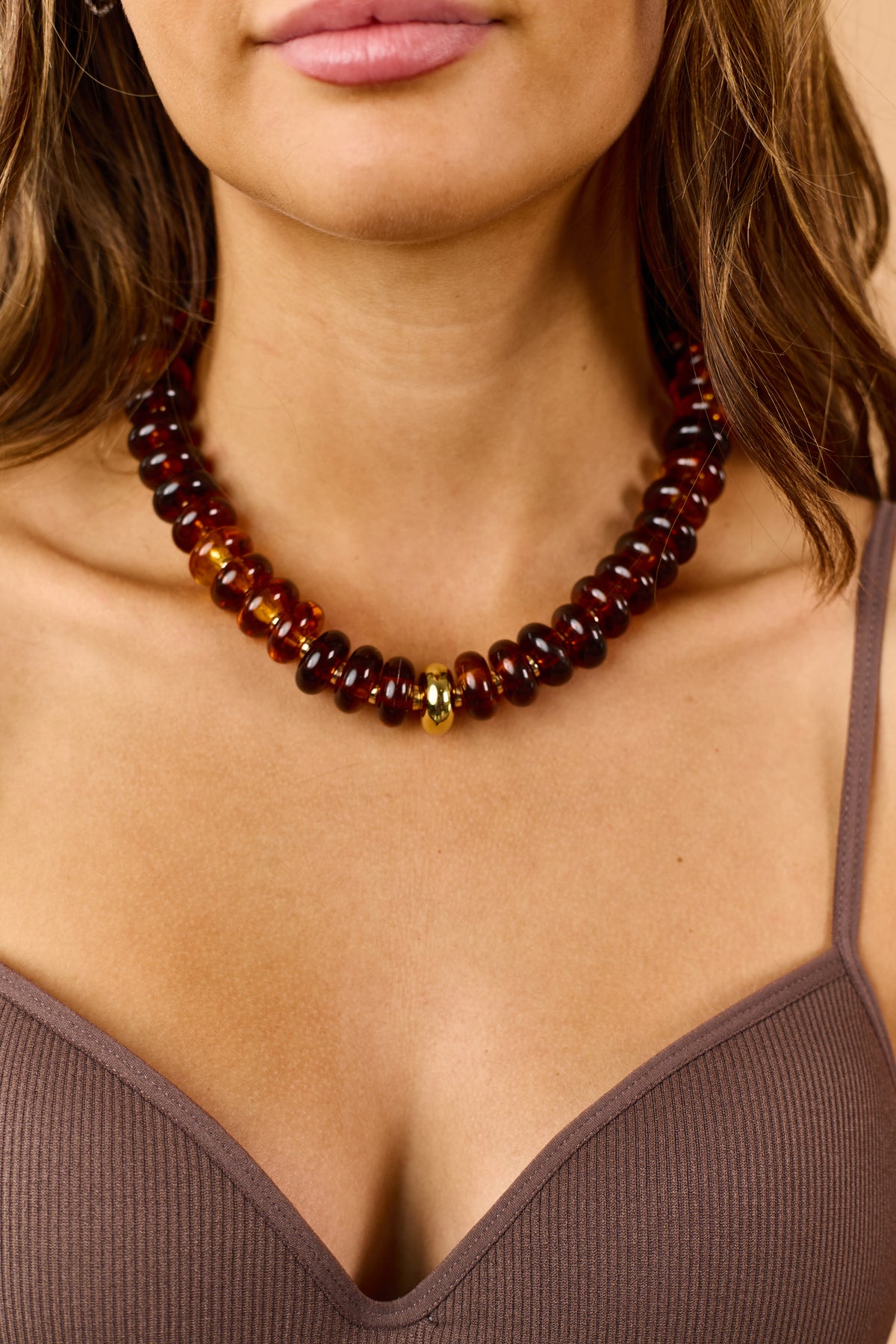Chocolate Resin Bead Gold Accent Necklace