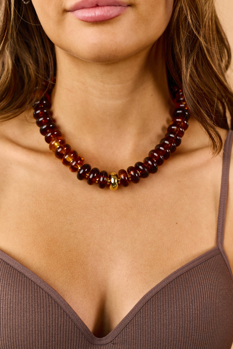 Chocolate Resin Bead Gold Accent Necklace
