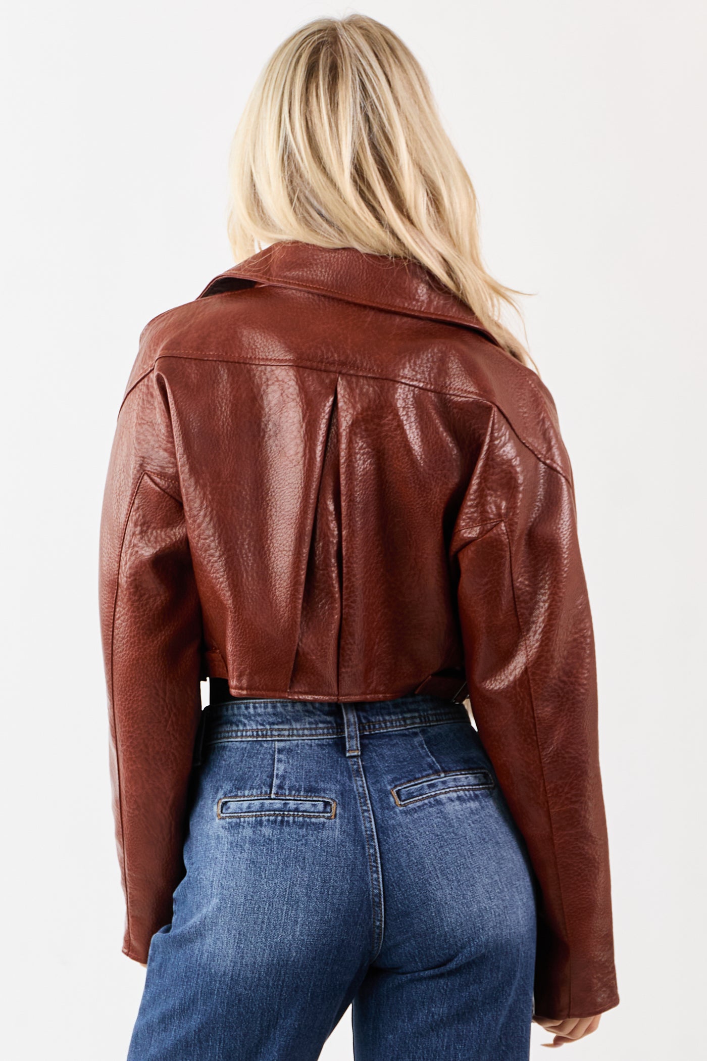 Cinnamon Faux Leather Cropped Zip Up Moto Jacket